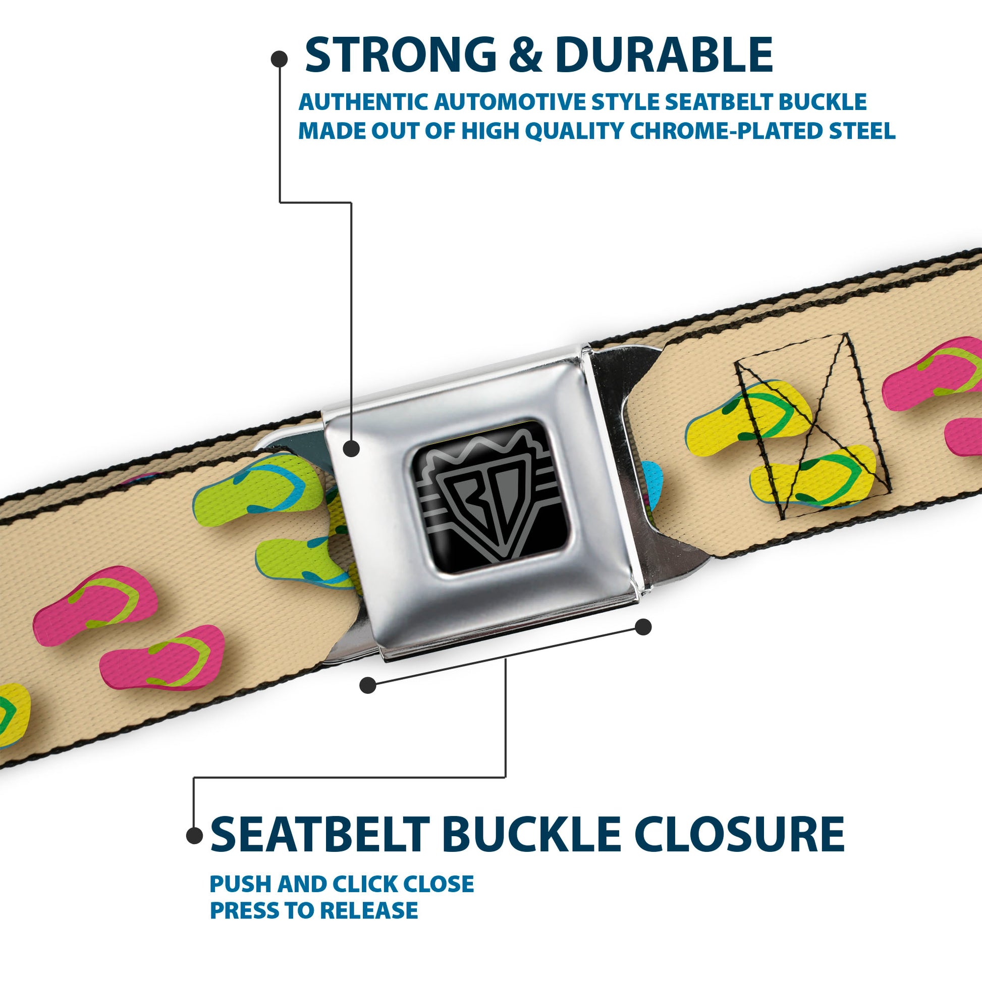 BD Wings Logo CLOSE-UP Full Color Black Silver Seatbelt Belt - Flip Flops3 Sand/Multi Color Webbing Seatbelt Belts Buckle-Down