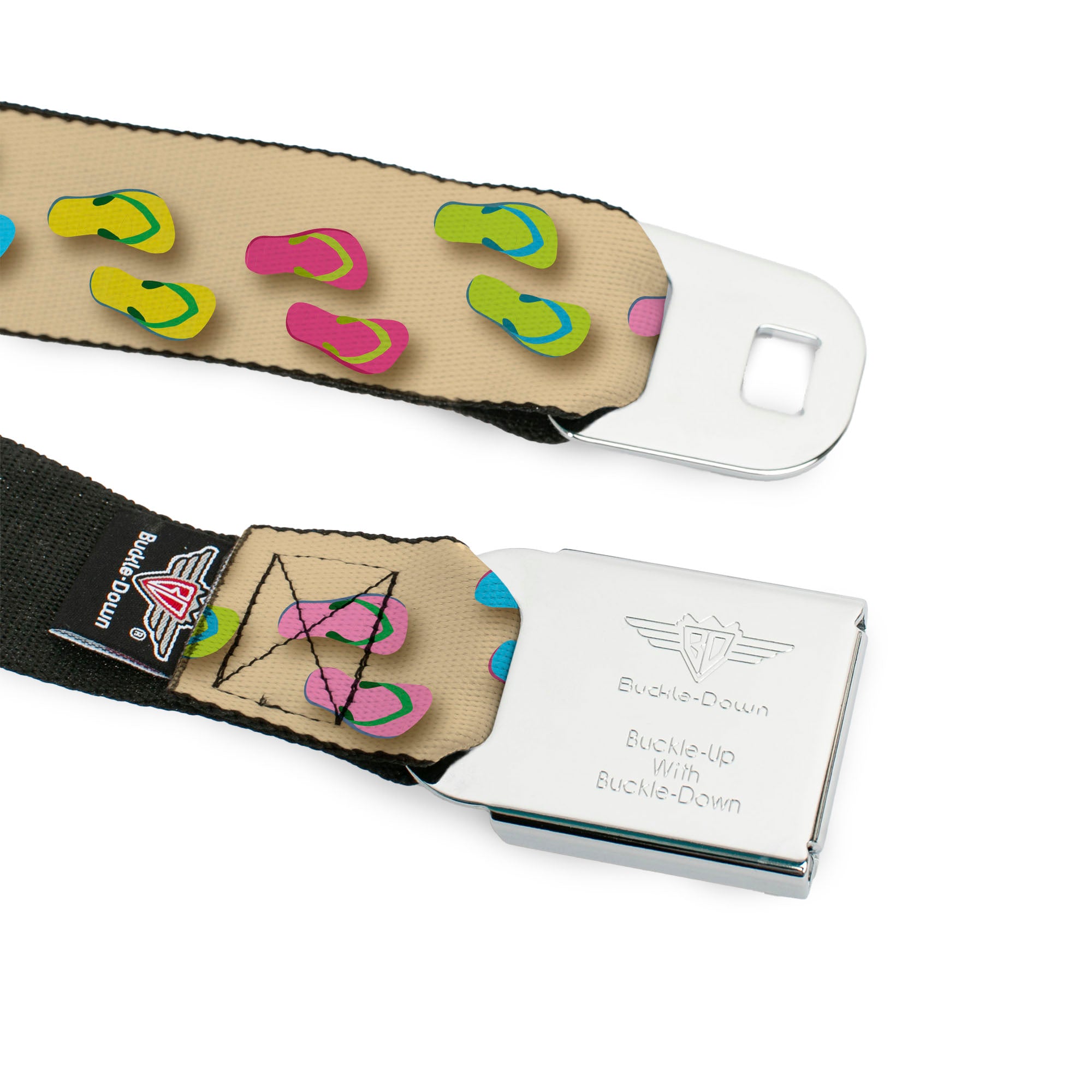 BD Wings Logo CLOSE-UP Full Color Black Silver Seatbelt Belt - Flip Flops3 Sand/Multi Color Webbing Seatbelt Belts Buckle-Down