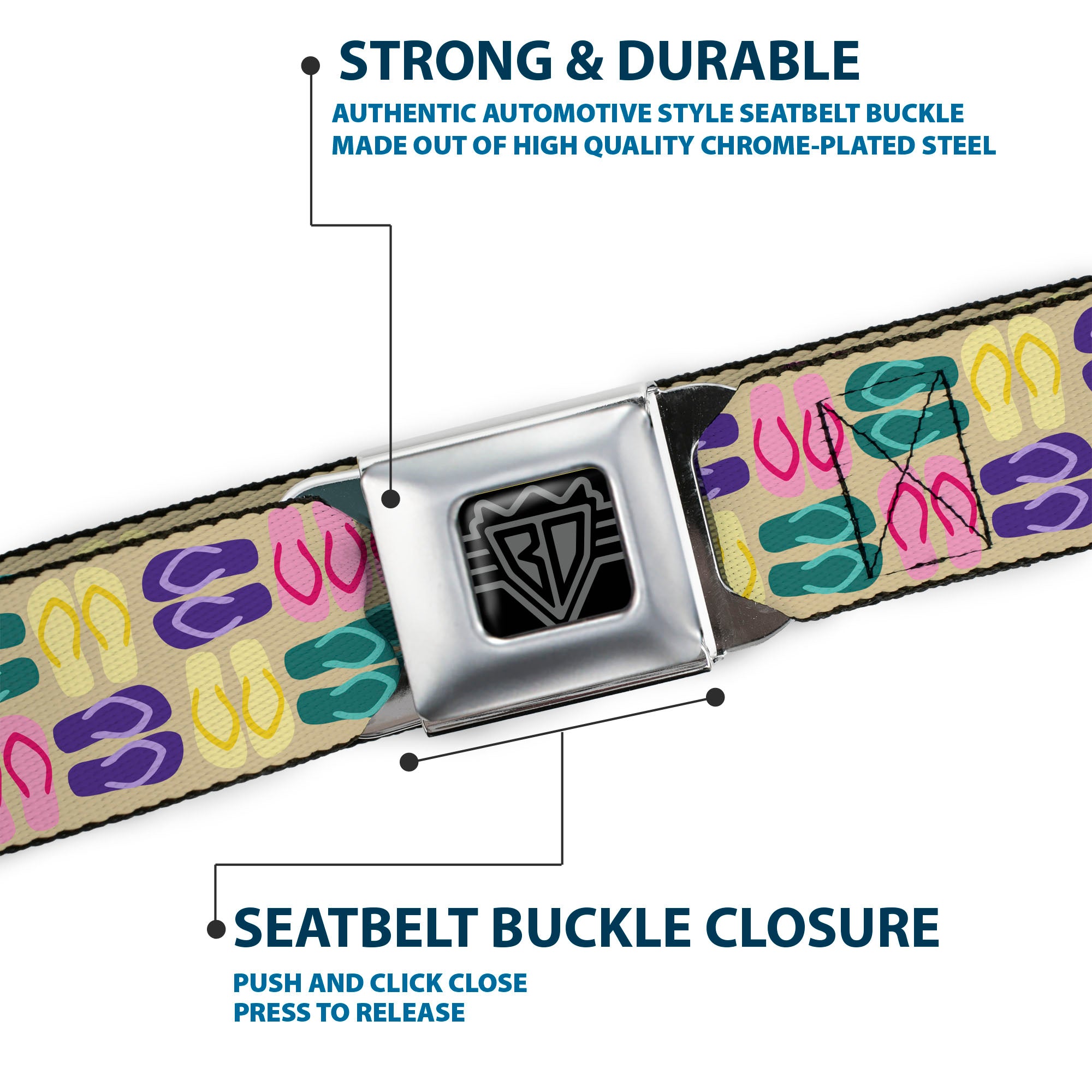 BD Wings Logo CLOSE-UP Full Color Black Silver Seatbelt Belt - Flip Flops4 Sand/Multi Color Webbing Seatbelt Belts Buckle-Down