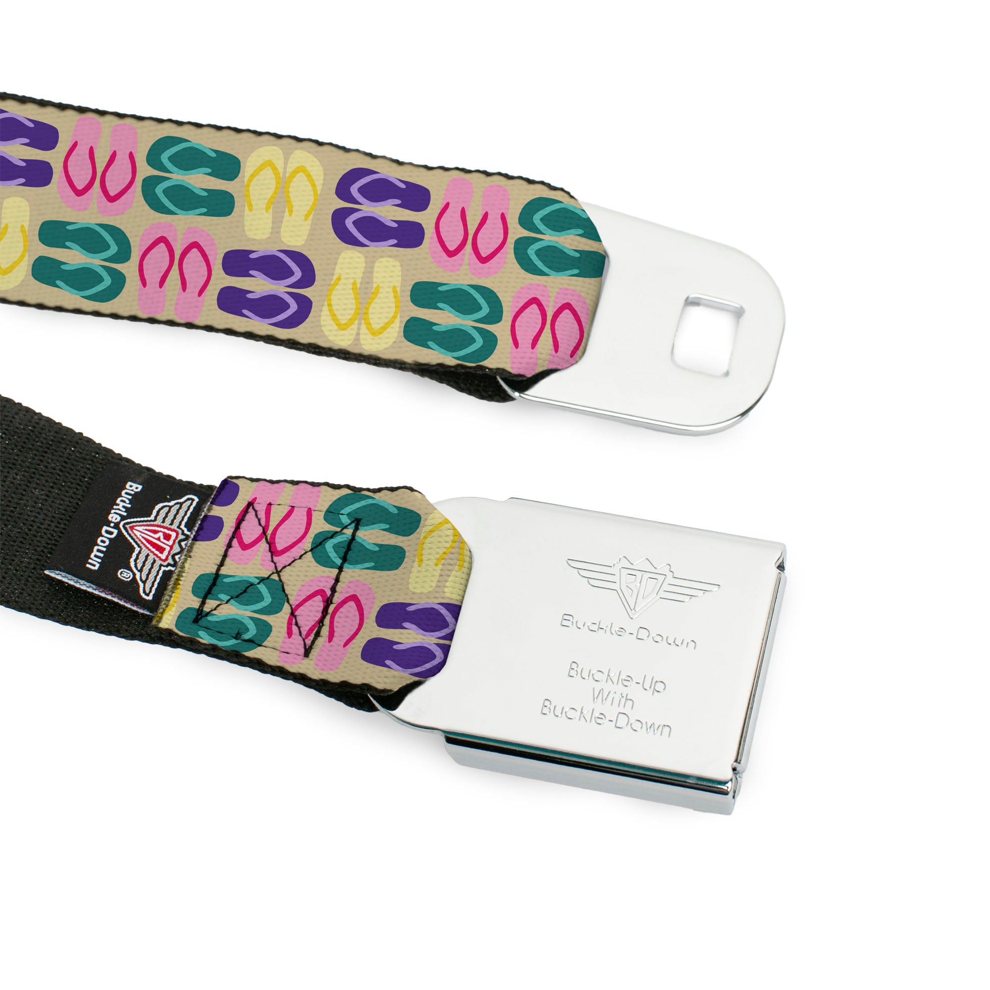 BD Wings Logo CLOSE-UP Full Color Black Silver Seatbelt Belt - Flip Flops4 Sand/Multi Color Webbing Seatbelt Belts Buckle-Down