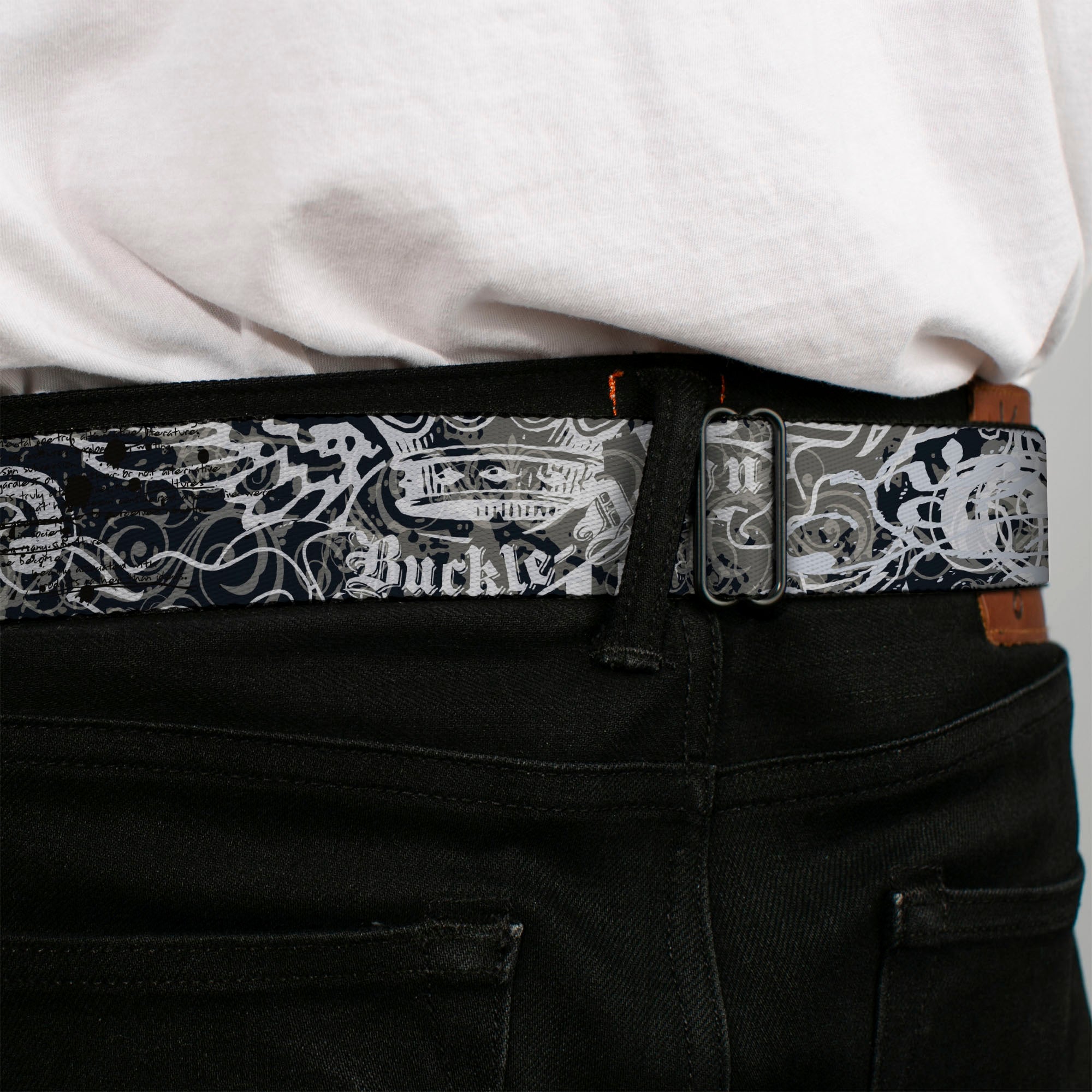 BD Wings Logo CLOSE-UP Full Color Black Silver Seatbelt Belt - Gothic 1 Webbing Seatbelt Belts Buckle-Down
