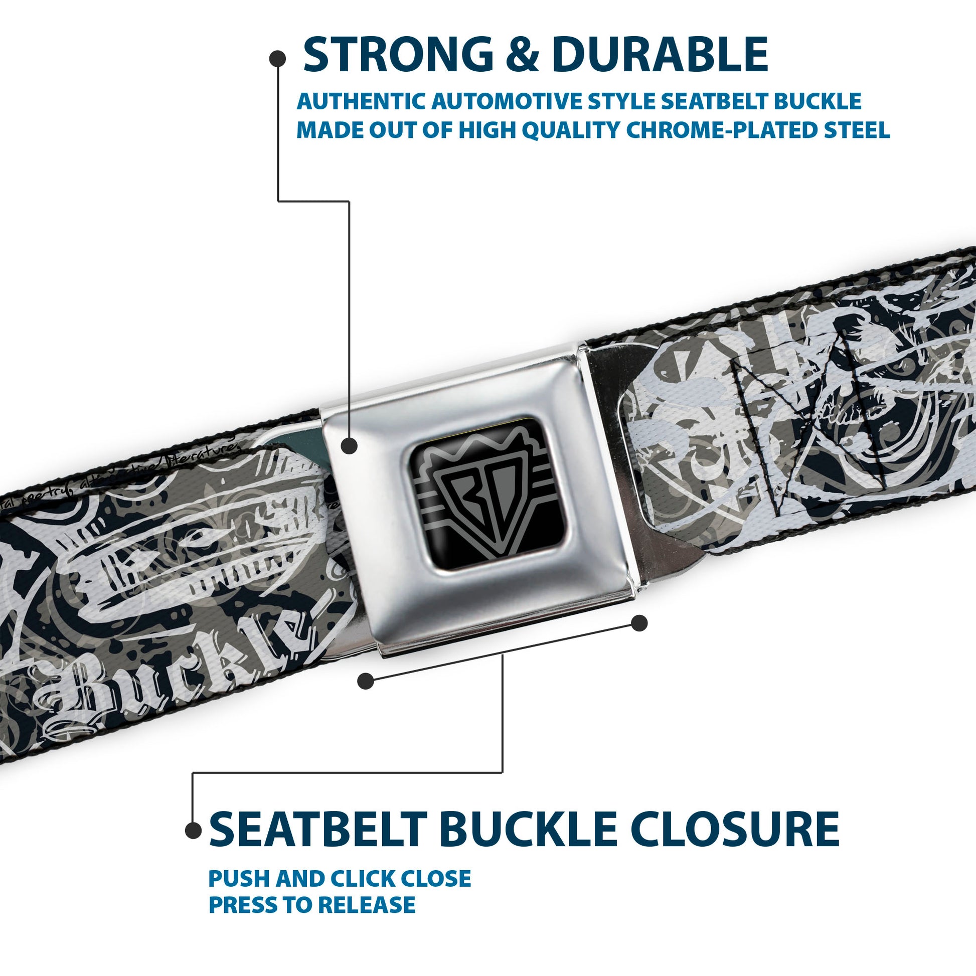 BD Wings Logo CLOSE-UP Full Color Black Silver Seatbelt Belt - Gothic 1 Webbing Seatbelt Belts Buckle-Down