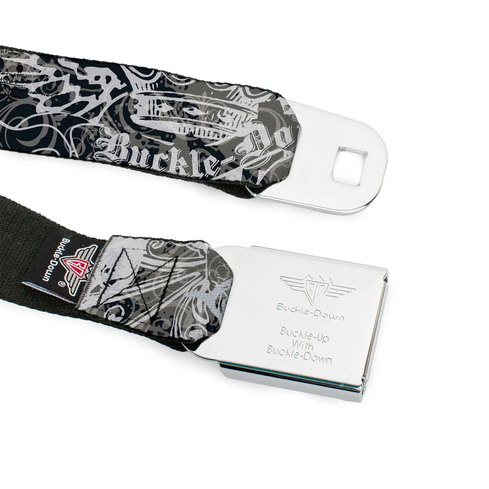 BD Wings Logo CLOSE-UP Full Color Black Silver Seatbelt Belt - Gothic 1 Webbing Seatbelt Belts Buckle-Down