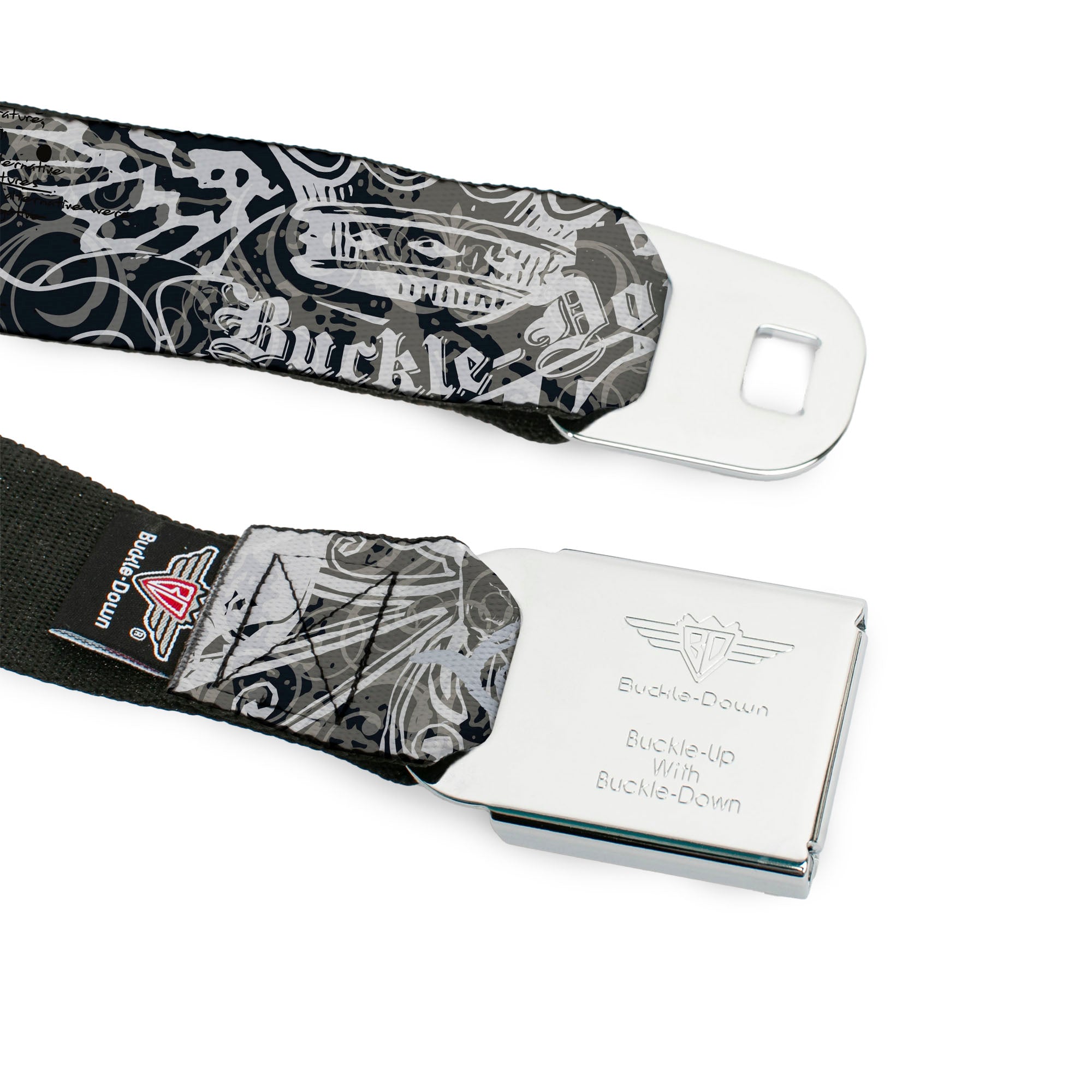 BD Wings Logo CLOSE-UP Full Color Black Silver Seatbelt Belt - Gothic 1 Webbing Seatbelt Belts Buckle-Down