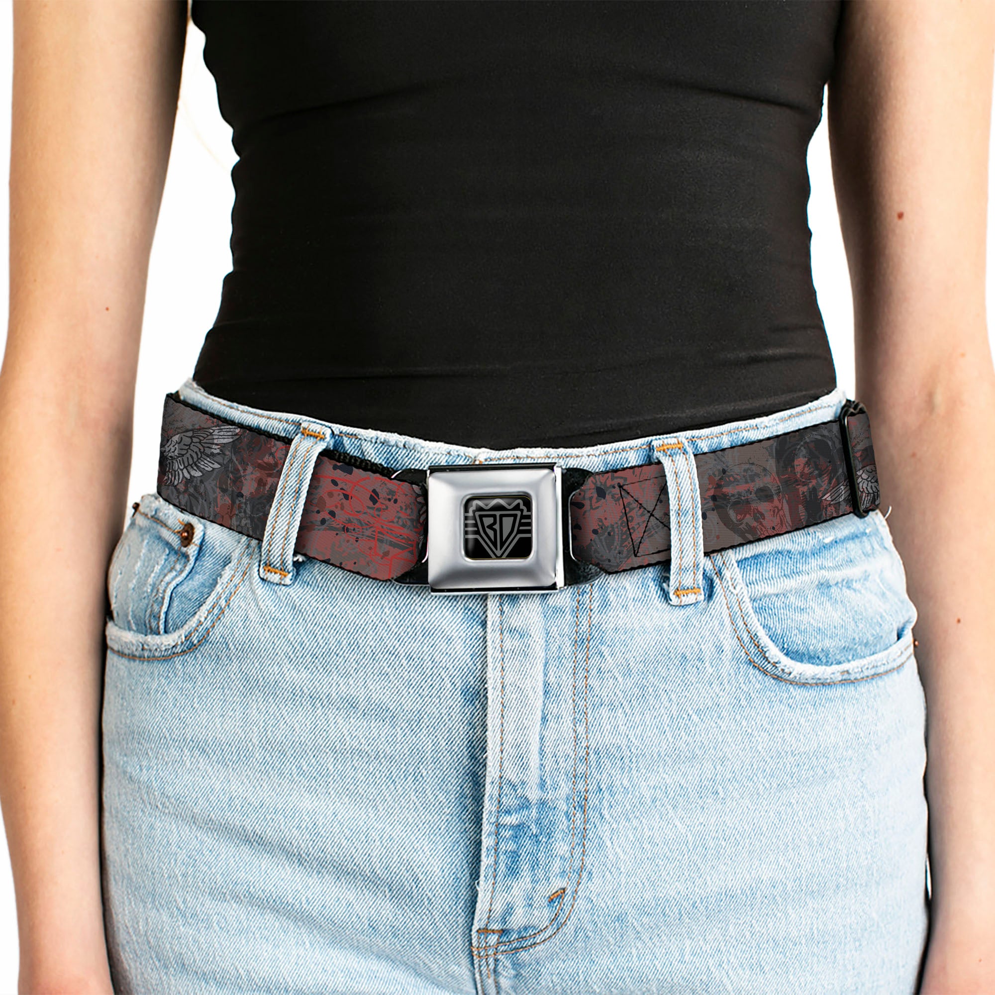 BD Wings Logo CLOSE-UP Full Color Black Silver Seatbelt Belt - Gothic 6 Webbing Seatbelt Belts Buckle-Down