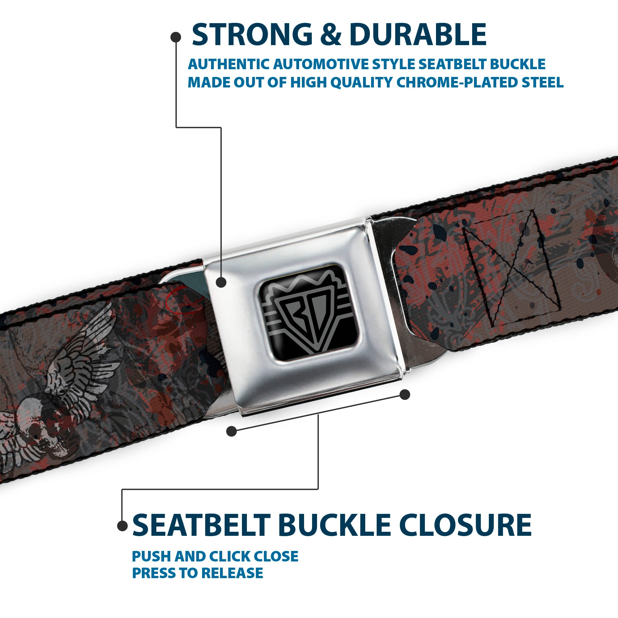 BD Wings Logo CLOSE-UP Full Color Black Silver Seatbelt Belt - Gothic 6 Webbing Seatbelt Belts Buckle-Down