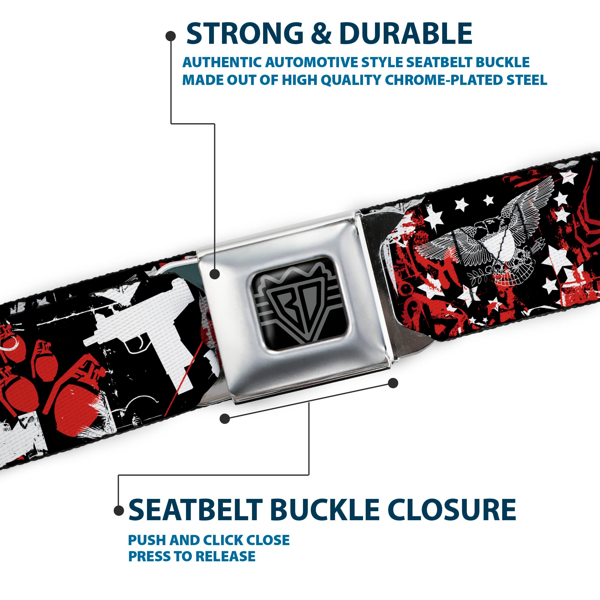 BD Wings Logo CLOSE-UP Full Color Black Silver Seatbelt Belt - Graffiti Men's Webbing Seatbelt Belts Buckle-Down