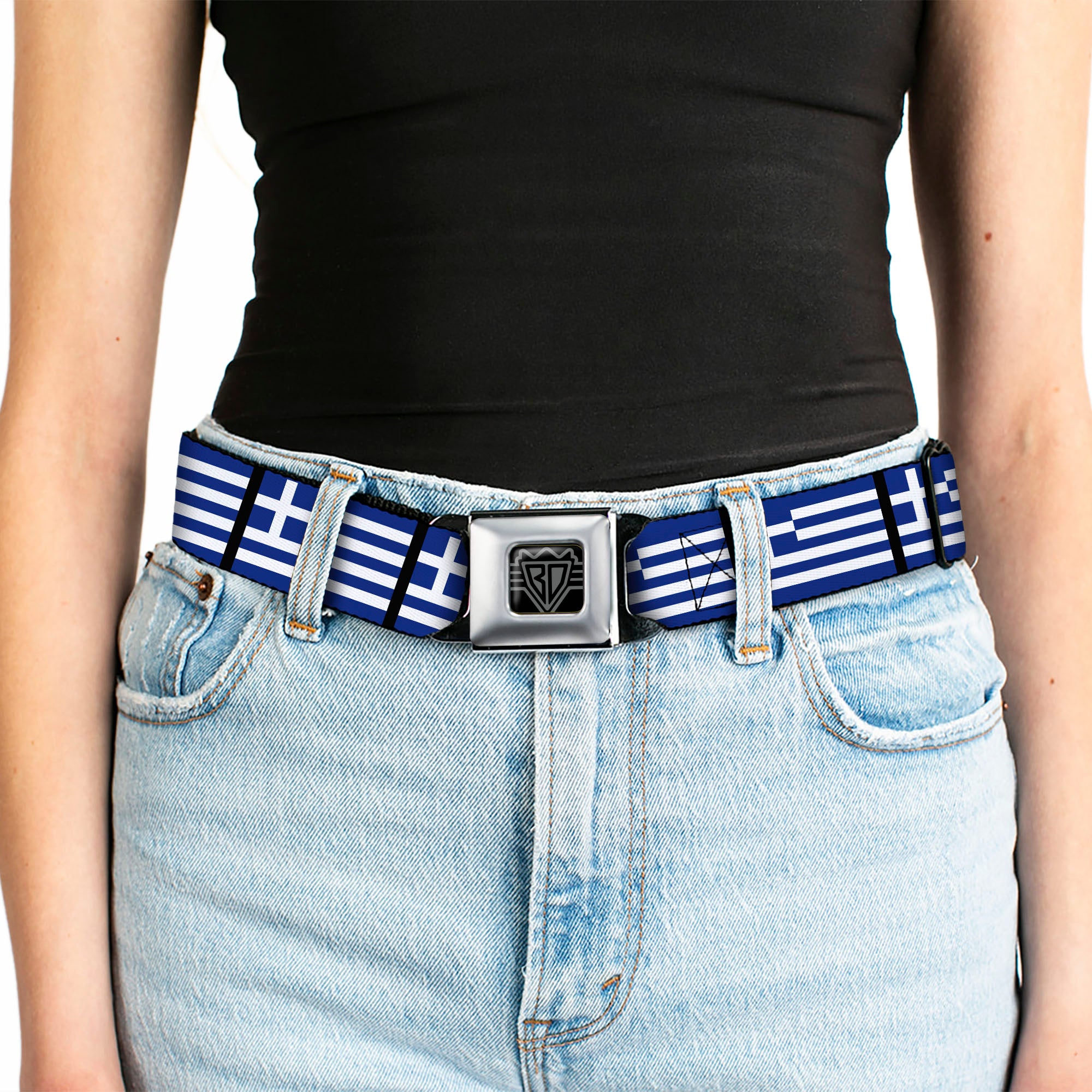 BD Wings Logo CLOSE-UP Full Color Black Silver Seatbelt Belt - Greece Flags Webbing Seatbelt Belts Buckle-Down