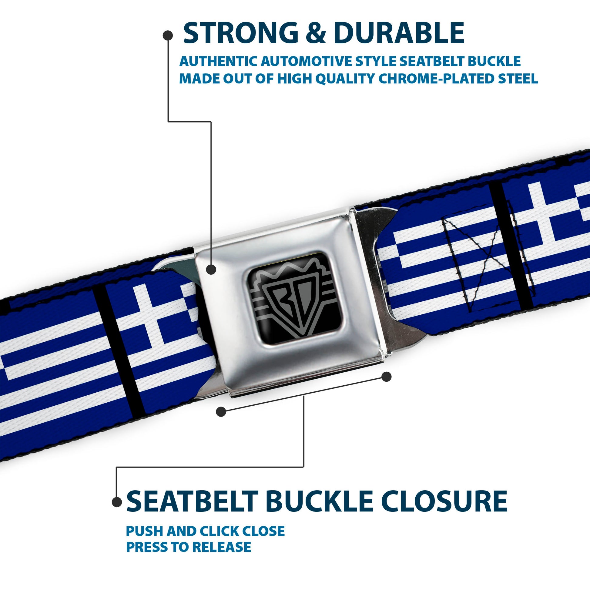 BD Wings Logo CLOSE-UP Full Color Black Silver Seatbelt Belt - Greece Flags Webbing Seatbelt Belts Buckle-Down