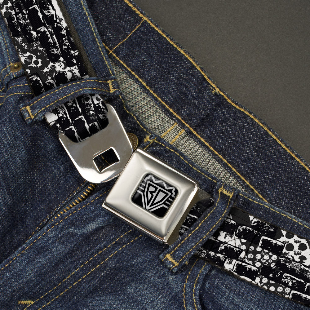 BD Wings Logo CLOSE-UP Full Color Black Silver Seatbelt Belt - Grunge Bricks Black/White Webbing Seatbelt Belts Buckle-Down