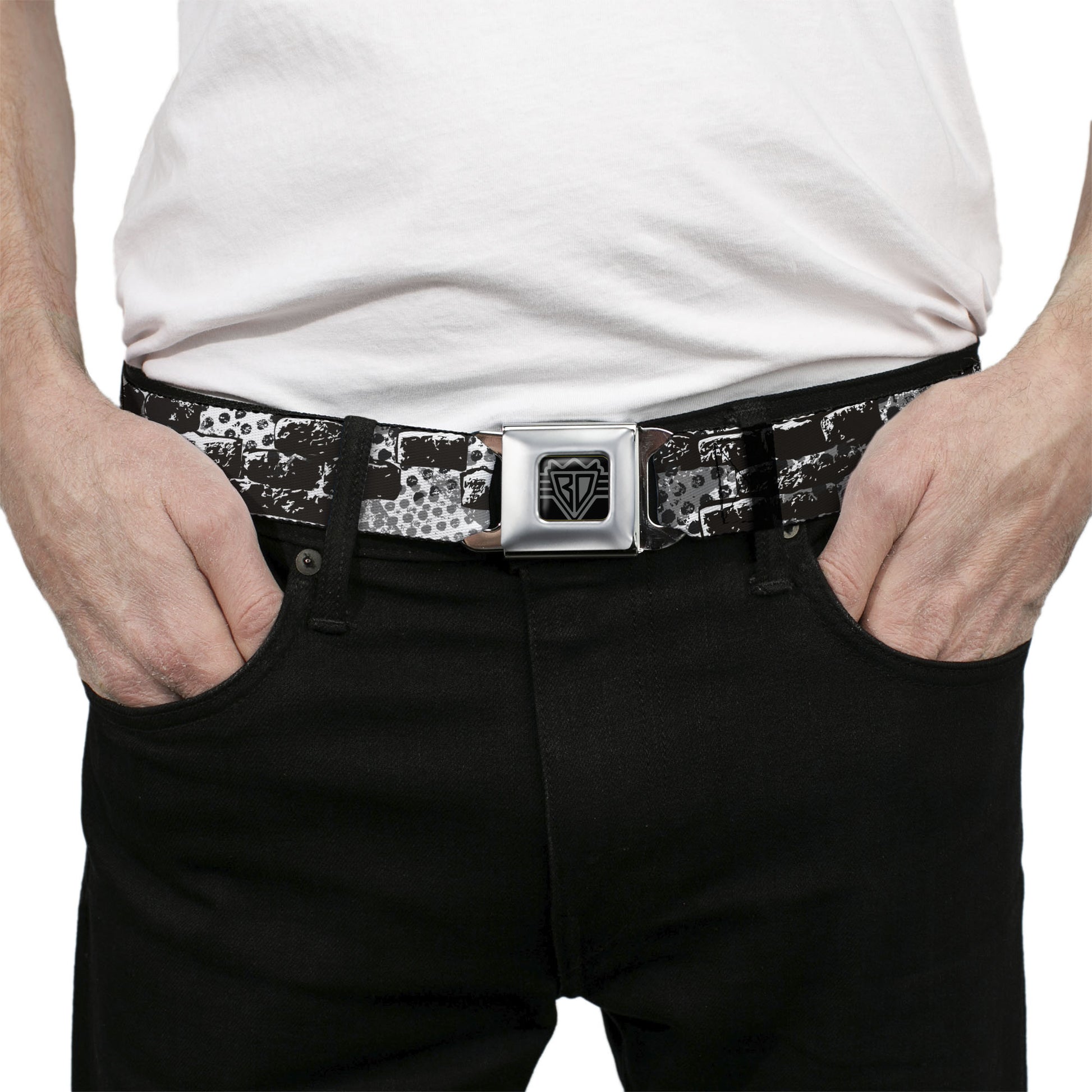 BD Wings Logo CLOSE-UP Full Color Black Silver Seatbelt Belt - Grunge Bricks Black/White Webbing Seatbelt Belts Buckle-Down
