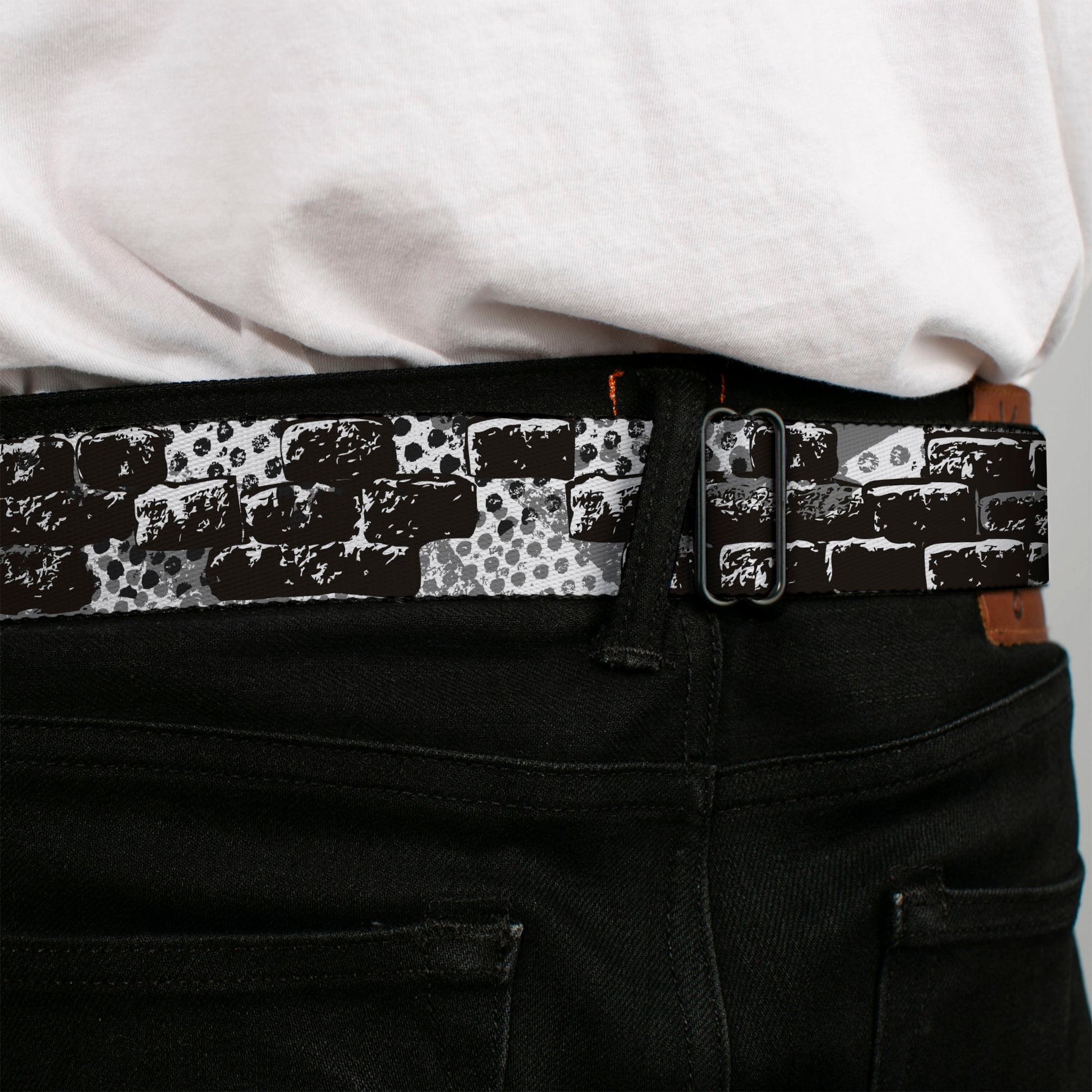BD Wings Logo CLOSE-UP Full Color Black Silver Seatbelt Belt - Grunge Bricks Black/White Webbing Seatbelt Belts Buckle-Down