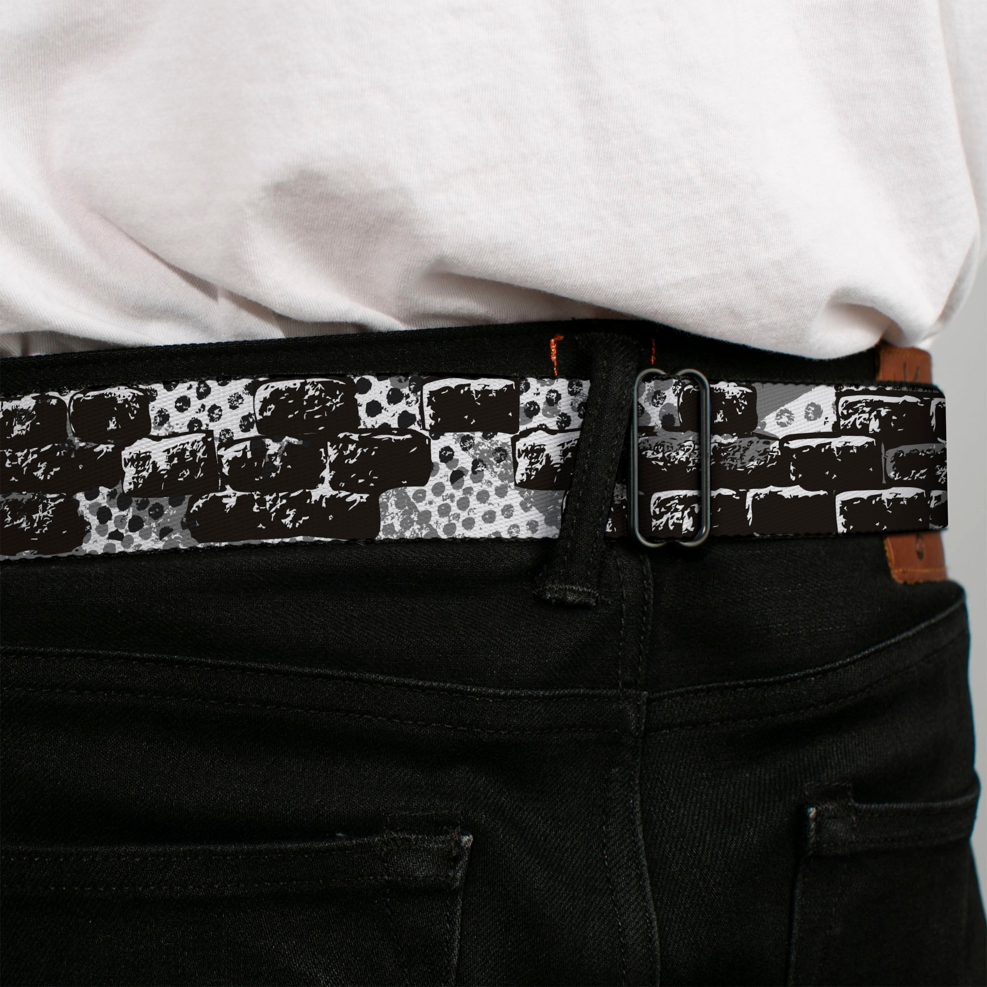 BD Wings Logo CLOSE-UP Full Color Black Silver Seatbelt Belt - Grunge Bricks Black/White Webbing Seatbelt Belts Buckle-Down