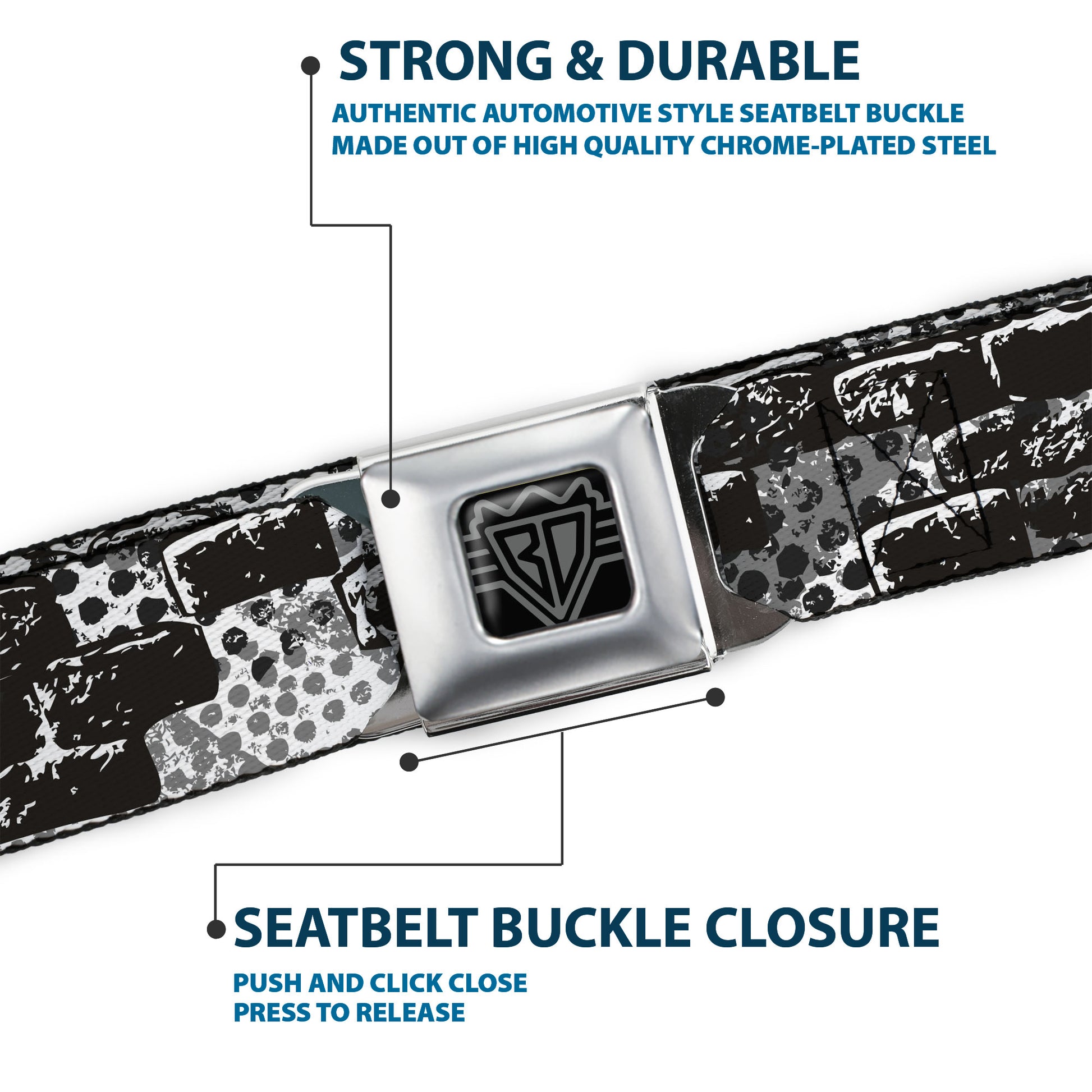 BD Wings Logo CLOSE-UP Full Color Black Silver Seatbelt Belt - Grunge Bricks Black/White Webbing Seatbelt Belts Buckle-Down
