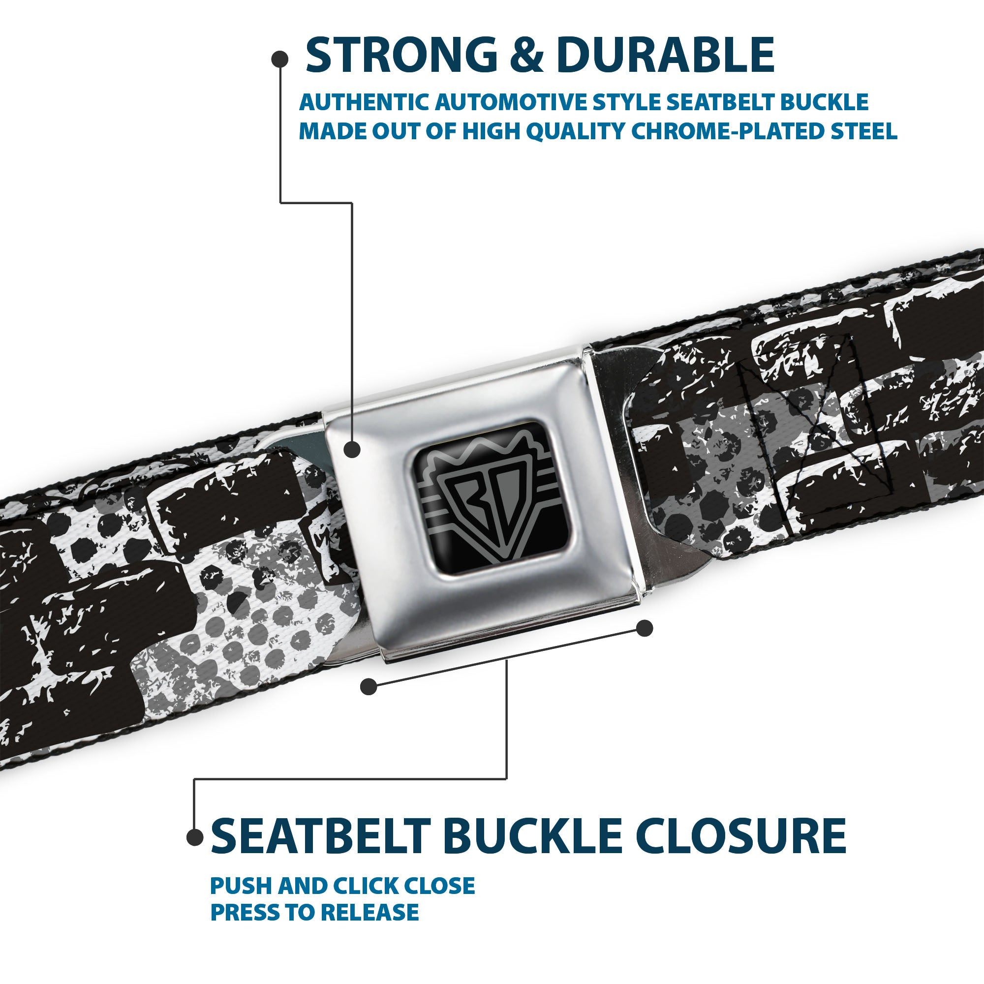 BD Wings Logo CLOSE-UP Full Color Black Silver Seatbelt Belt - Grunge Bricks Black/White Webbing Seatbelt Belts Buckle-Down