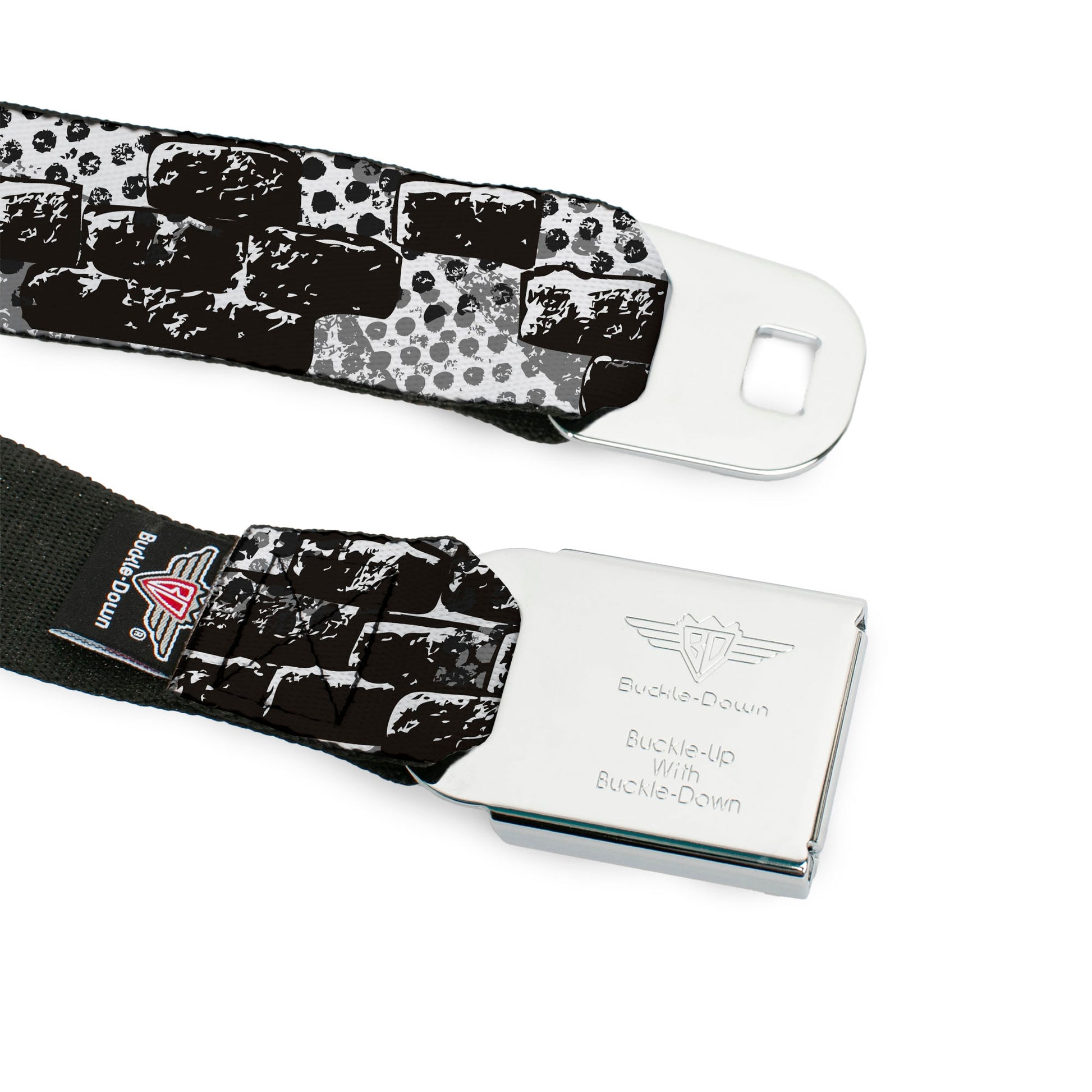 BD Wings Logo CLOSE-UP Full Color Black Silver Seatbelt Belt - Grunge Bricks Black/White Webbing Seatbelt Belts Buckle-Down