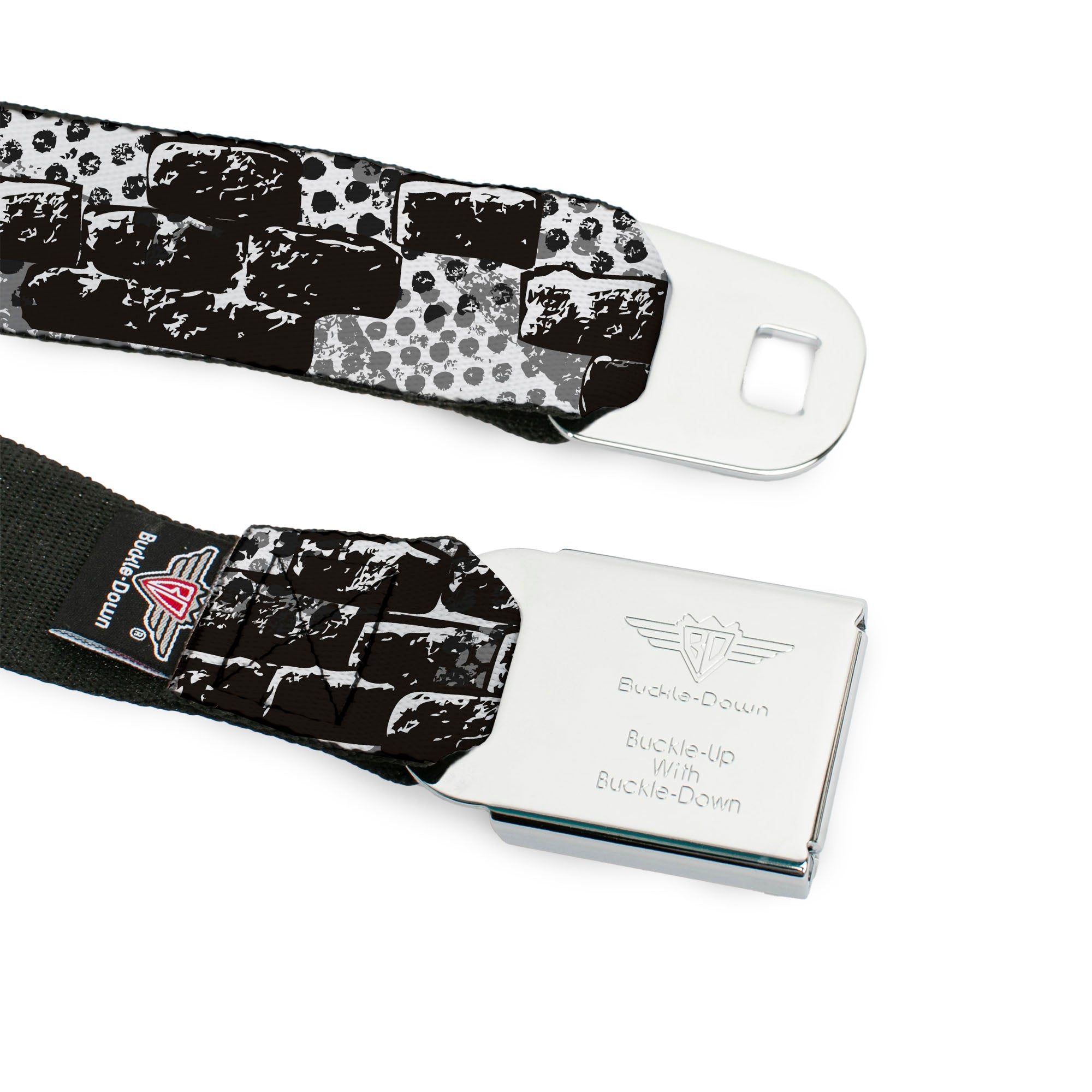 BD Wings Logo CLOSE-UP Full Color Black Silver Seatbelt Belt - Grunge Bricks Black/White Webbing Seatbelt Belts Buckle-Down