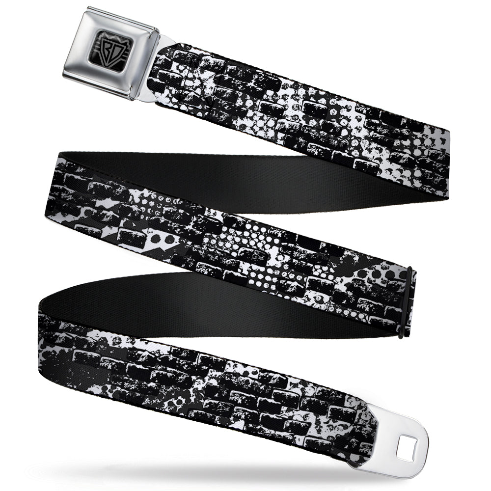 BD Wings Logo CLOSE-UP Full Color Black Silver Seatbelt Belt - Grunge Bricks Black/White Webbing Seatbelt Belts Buckle-Down