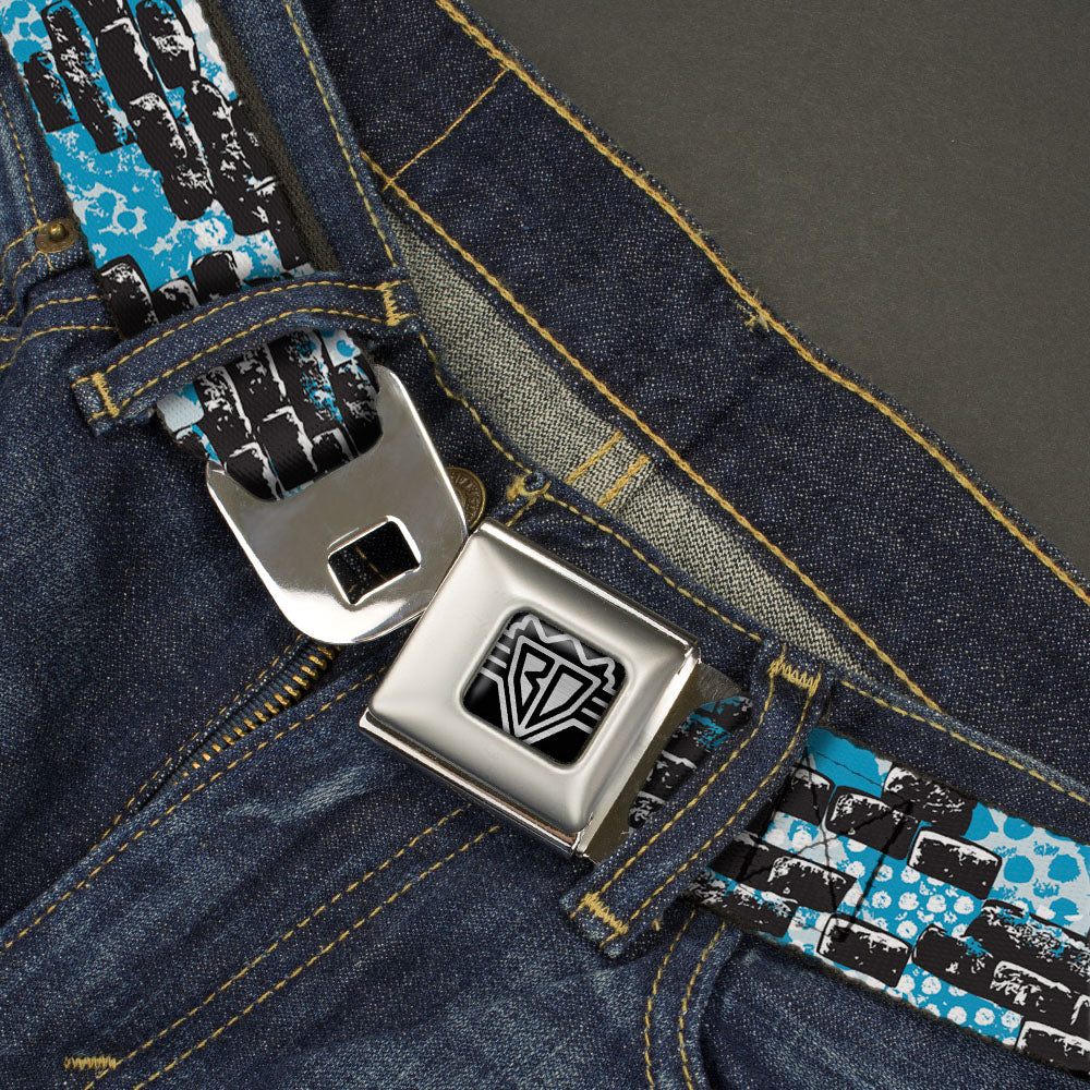 BD Wings Logo CLOSE-UP Full Color Black Silver Seatbelt Belt - Grunge Bricks Blue Webbing Seatbelt Belts Buckle-Down