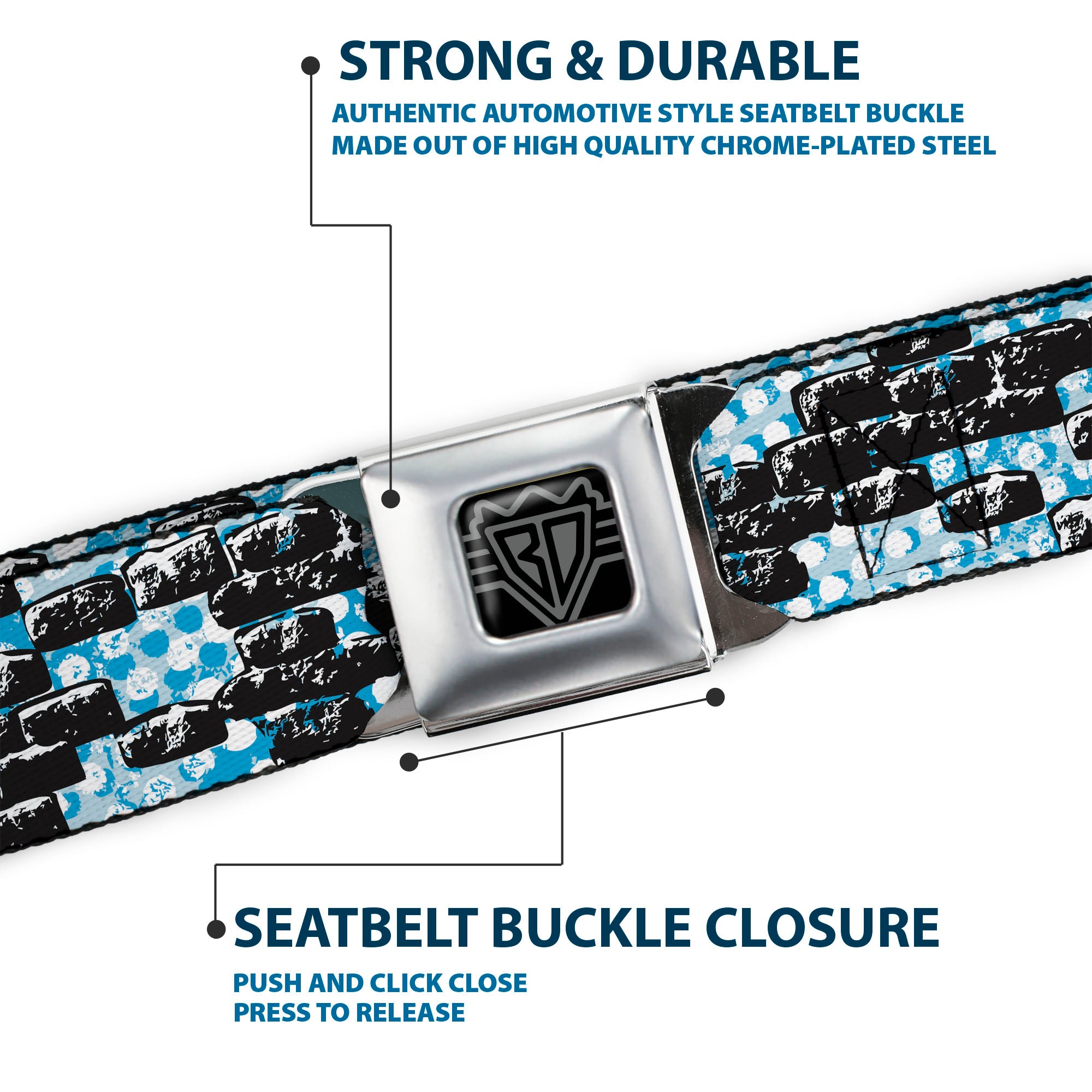 BD Wings Logo CLOSE-UP Full Color Black Silver Seatbelt Belt - Grunge Bricks Blue Webbing Seatbelt Belts Buckle-Down