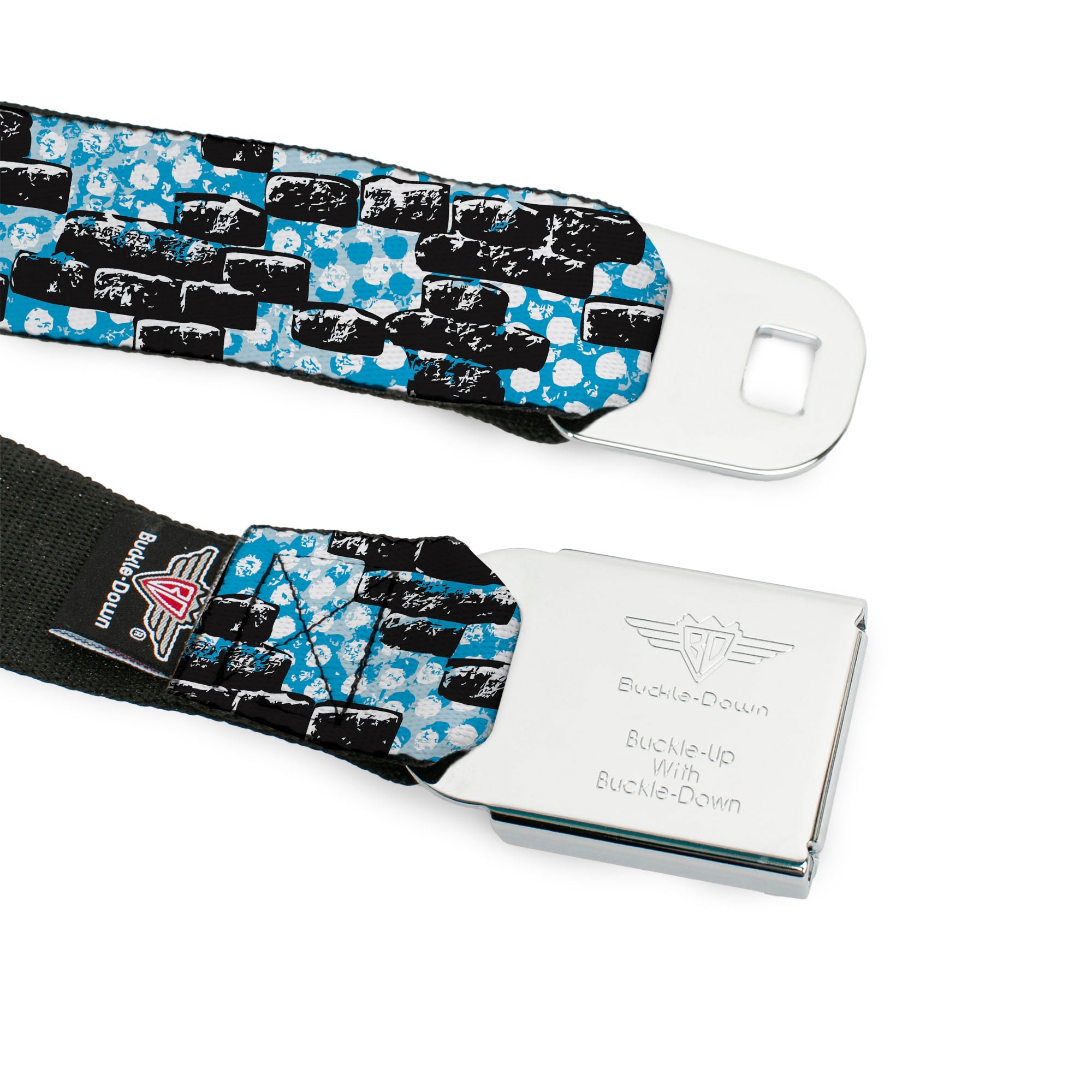 BD Wings Logo CLOSE-UP Full Color Black Silver Seatbelt Belt - Grunge Bricks Blue Webbing Seatbelt Belts Buckle-Down
