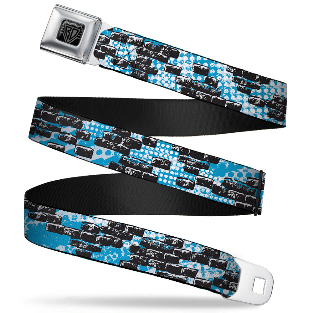 BD Wings Logo CLOSE-UP Full Color Black Silver Seatbelt Belt - Grunge Bricks Blue Webbing Seatbelt Belts Buckle-Down