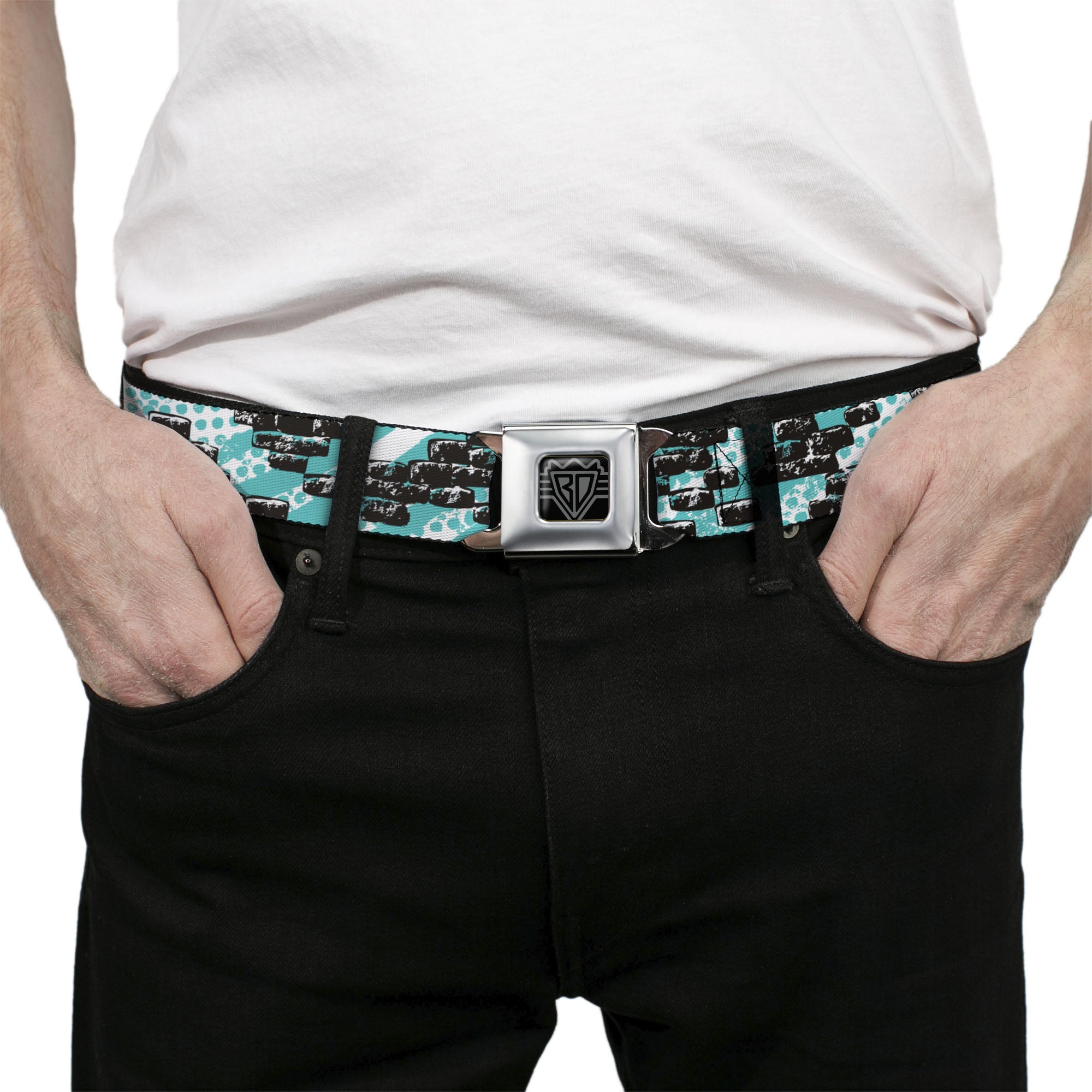 BD Wings Logo CLOSE-UP Full Color Black Silver Seatbelt Belt - Grunge Bricks Green Webbing Seatbelt Belts Buckle-Down