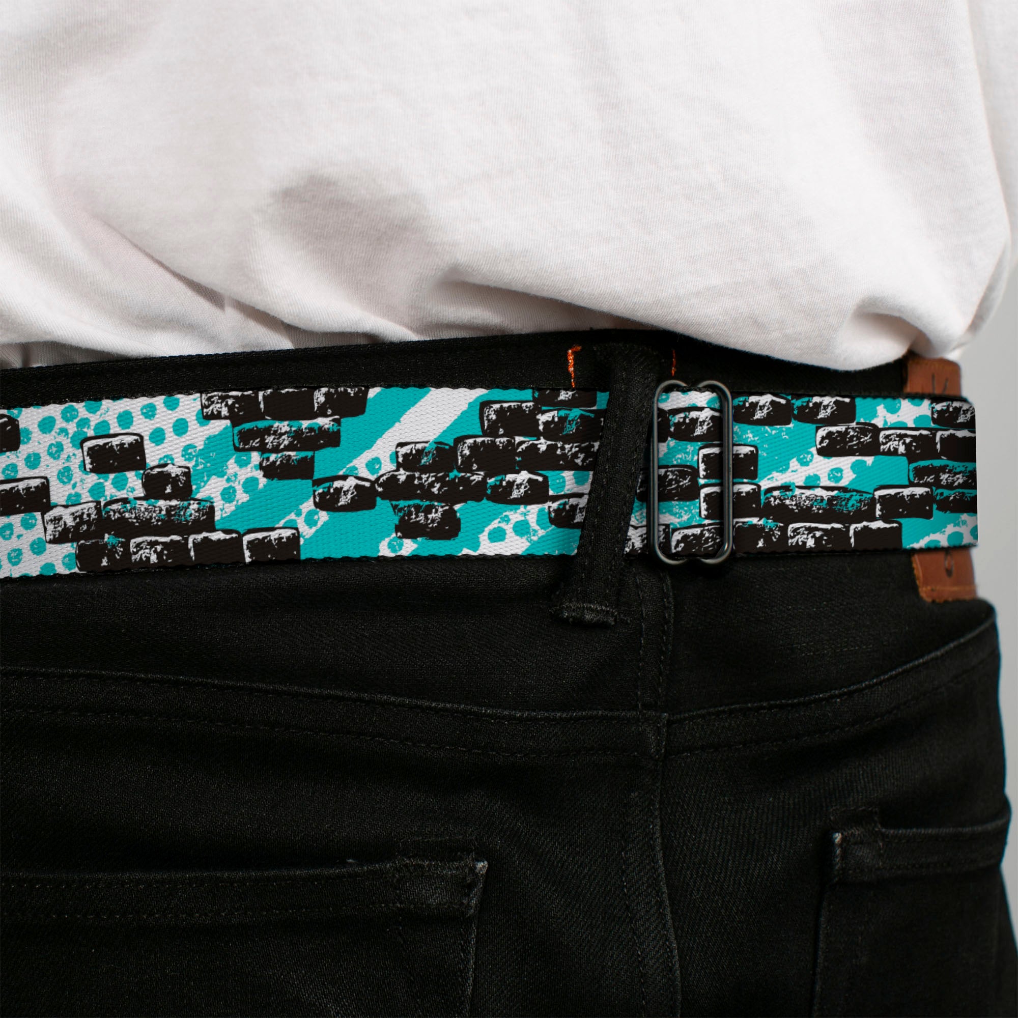 BD Wings Logo CLOSE-UP Full Color Black Silver Seatbelt Belt - Grunge Bricks Green Webbing Seatbelt Belts Buckle-Down