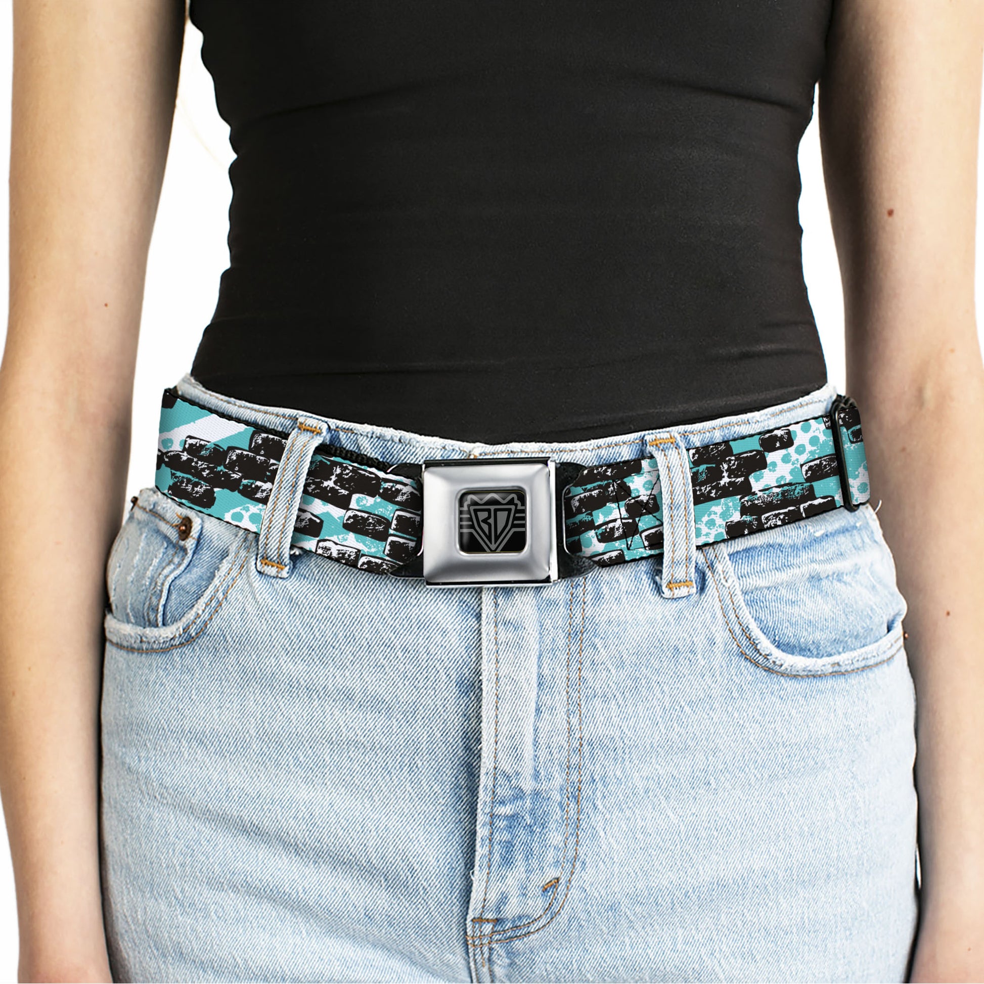 BD Wings Logo CLOSE-UP Full Color Black Silver Seatbelt Belt - Grunge Bricks Green Webbing Seatbelt Belts Buckle-Down