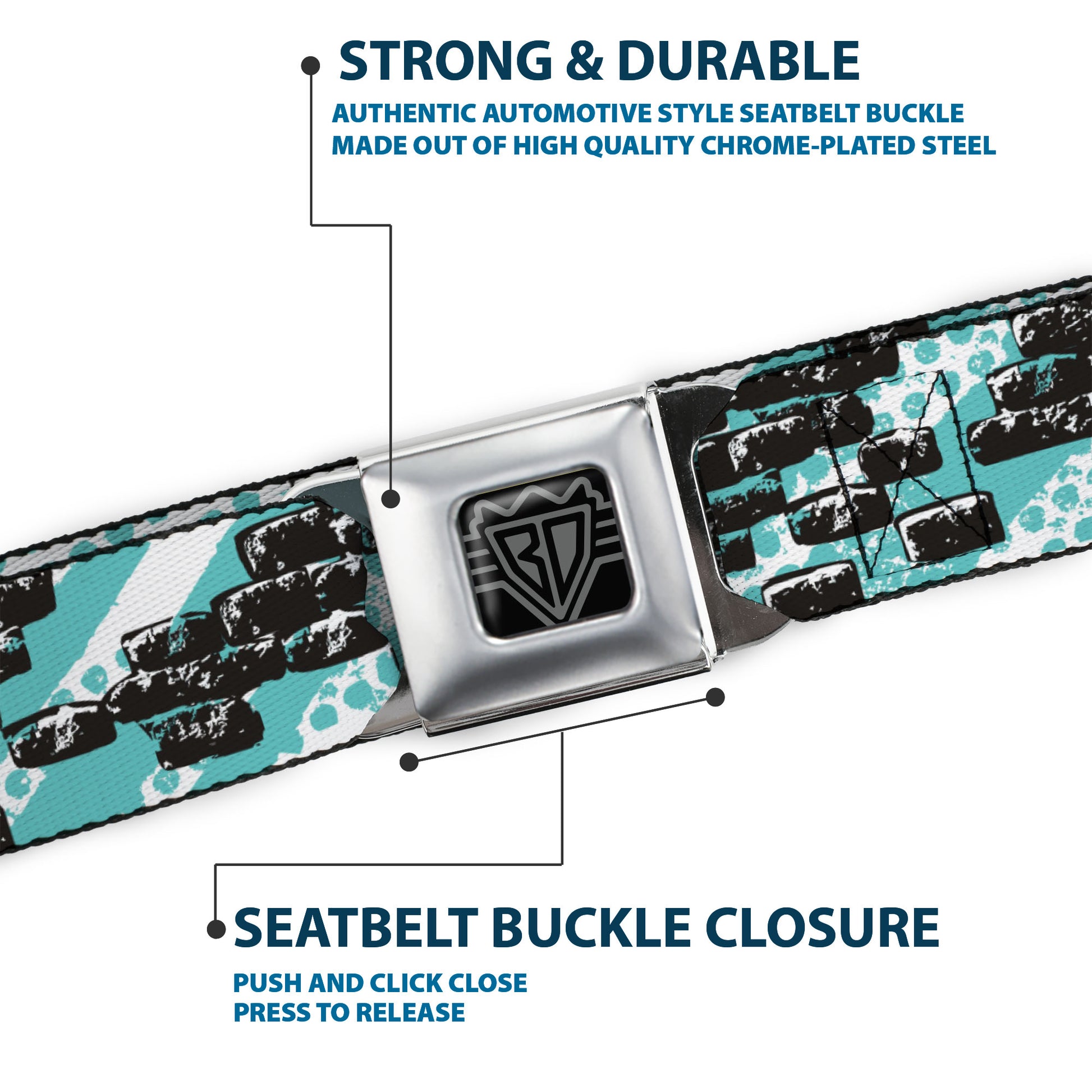 BD Wings Logo CLOSE-UP Full Color Black Silver Seatbelt Belt - Grunge Bricks Green Webbing Seatbelt Belts Buckle-Down