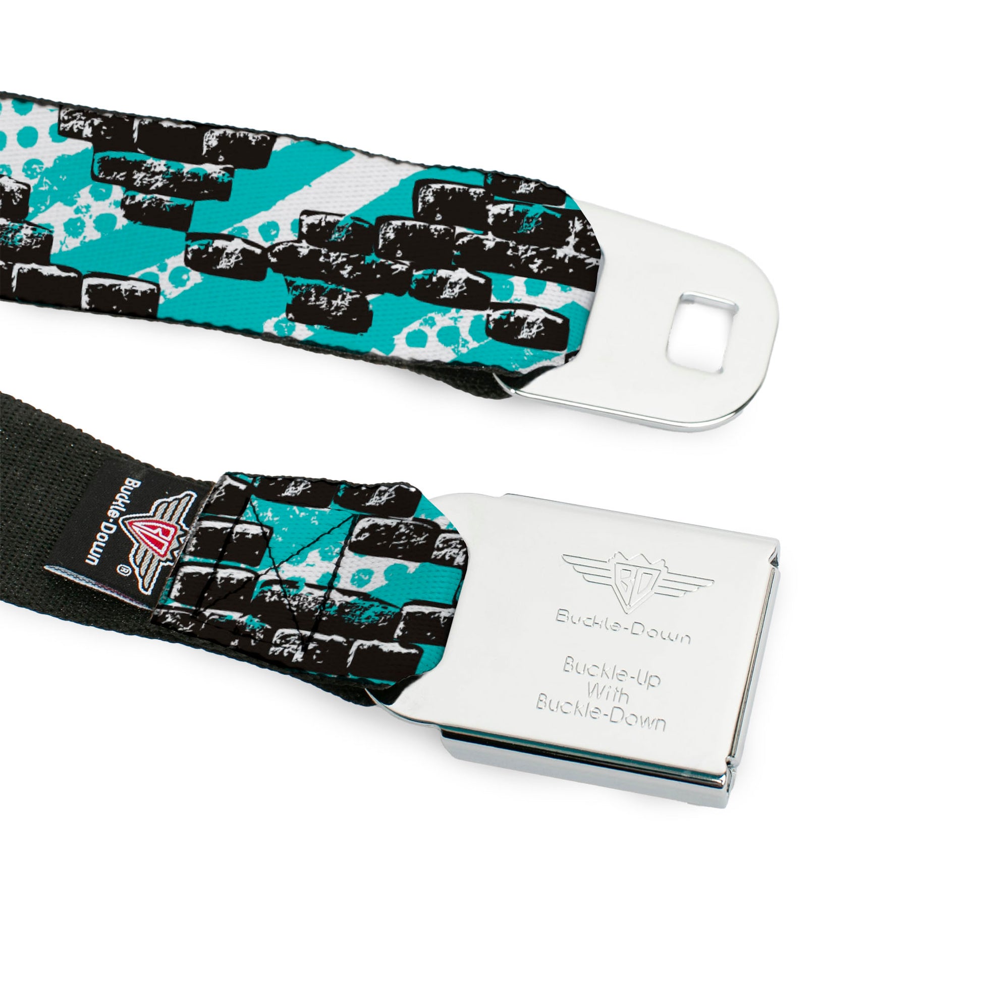 BD Wings Logo CLOSE-UP Full Color Black Silver Seatbelt Belt - Grunge Bricks Green Webbing Seatbelt Belts Buckle-Down