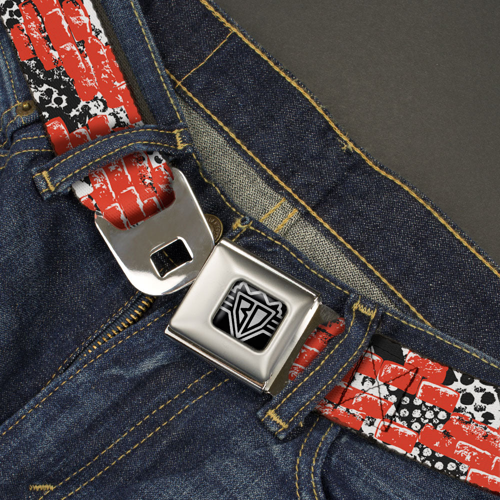 BD Wings Logo CLOSE-UP Full Color Black Silver Seatbelt Belt - Grunge Bricks Orange Webbing Seatbelt Belts Buckle-Down