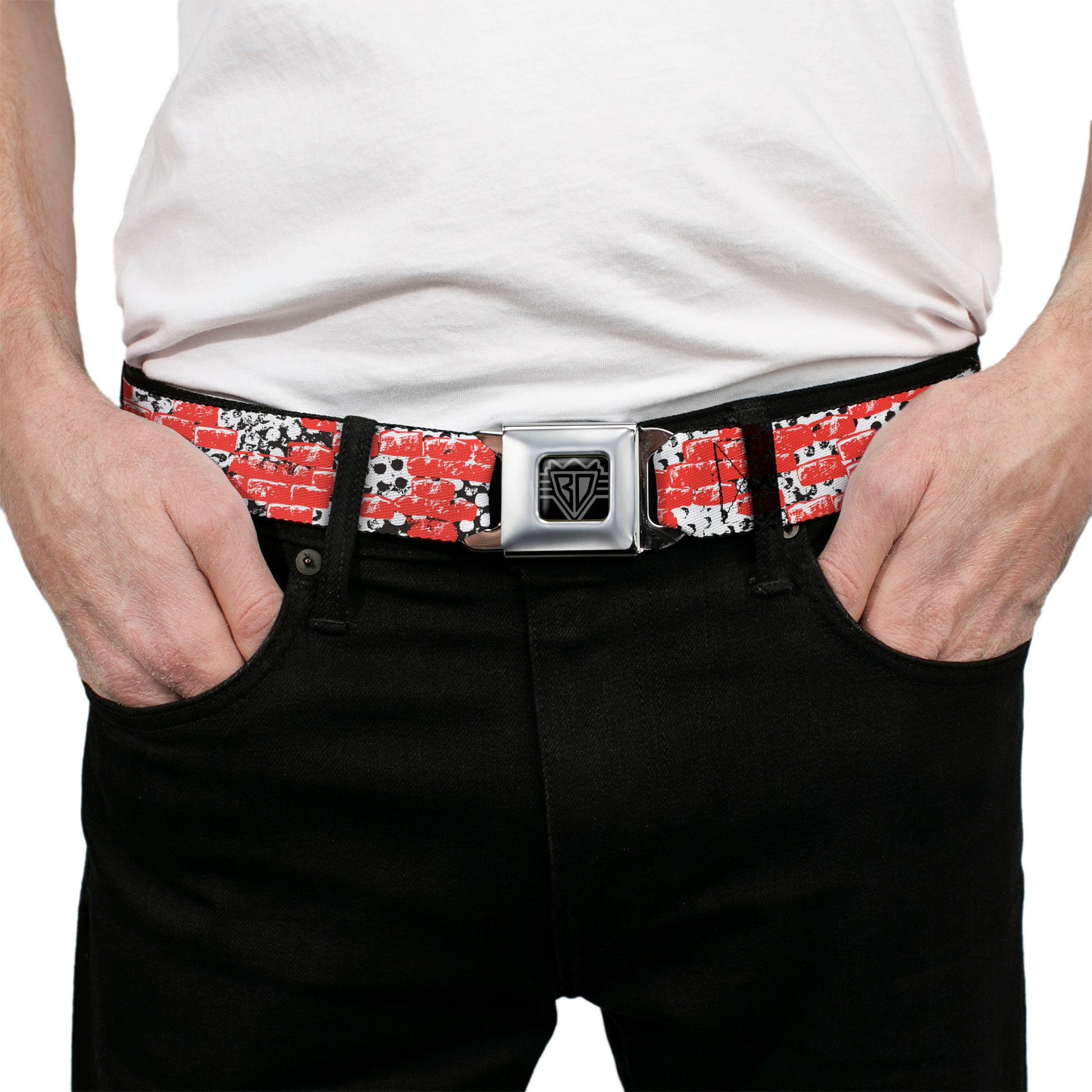 BD Wings Logo CLOSE-UP Full Color Black Silver Seatbelt Belt - Grunge Bricks Orange Webbing Seatbelt Belts Buckle-Down