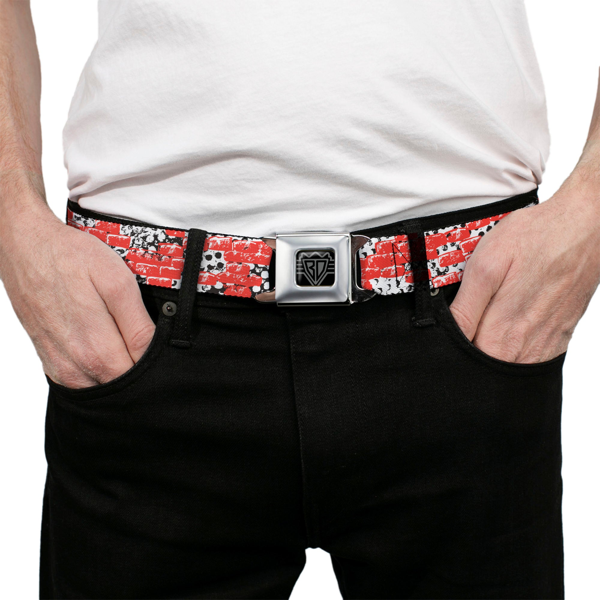 BD Wings Logo CLOSE-UP Full Color Black Silver Seatbelt Belt - Grunge Bricks Orange Webbing Seatbelt Belts Buckle-Down
