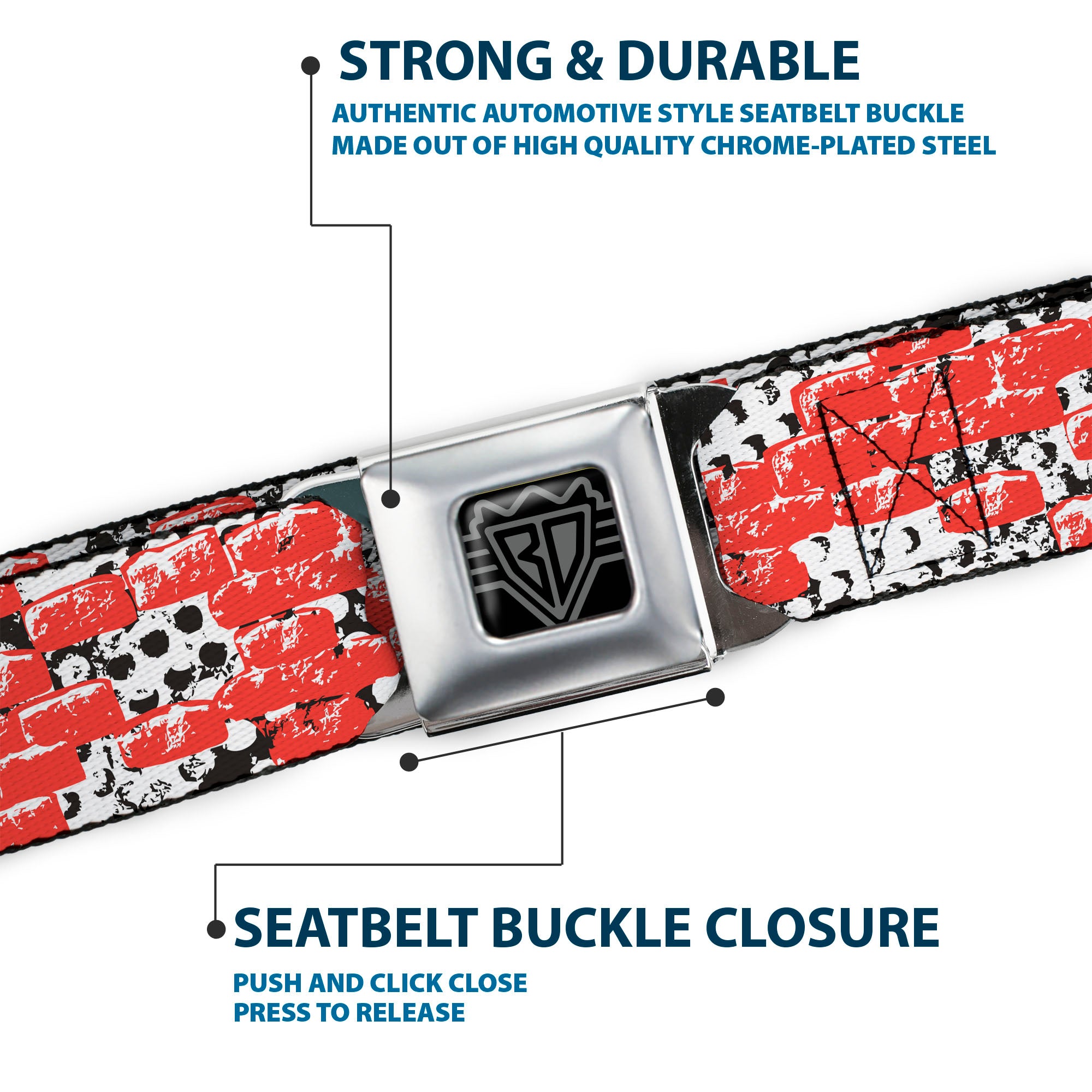 BD Wings Logo CLOSE-UP Full Color Black Silver Seatbelt Belt - Grunge Bricks Orange Webbing Seatbelt Belts Buckle-Down