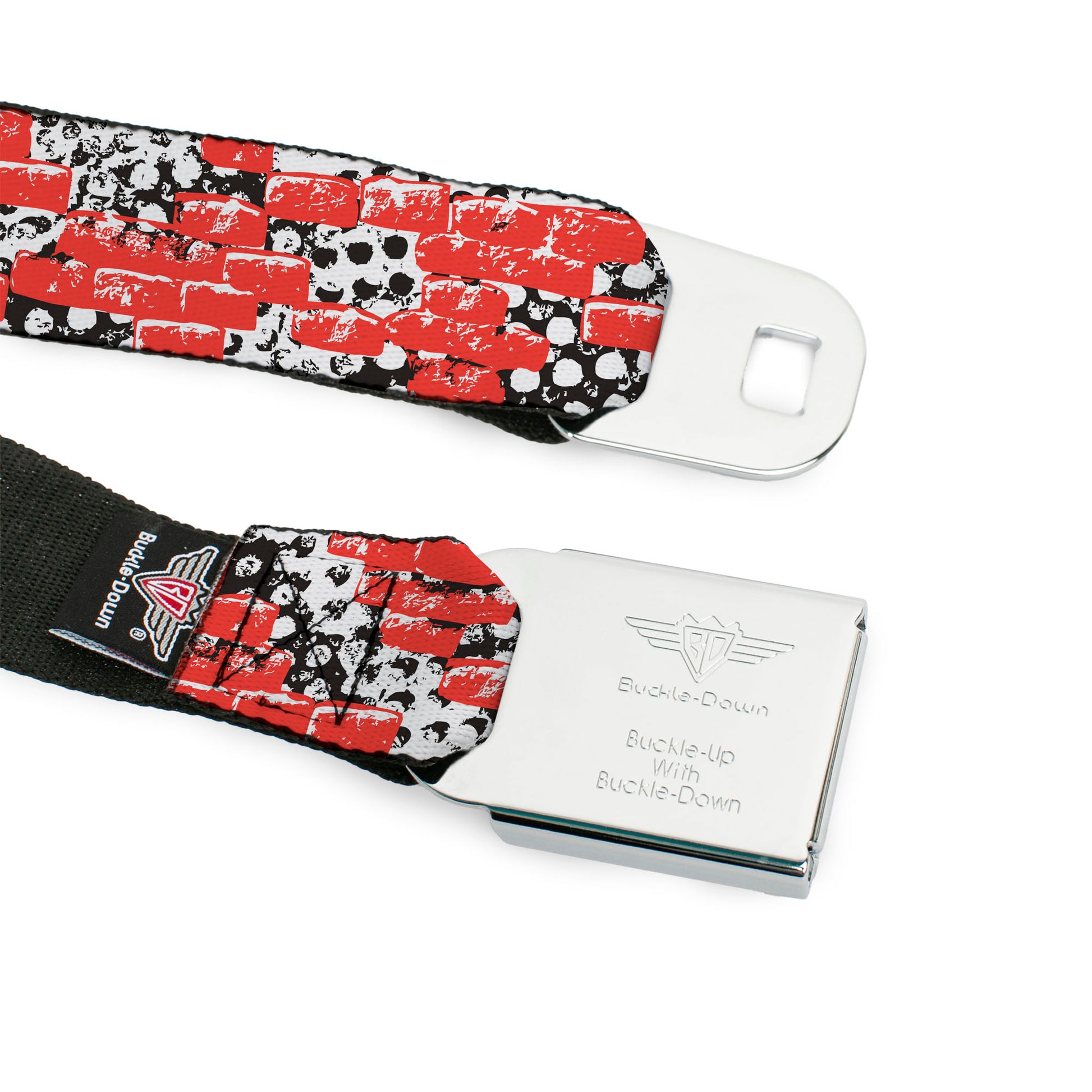 BD Wings Logo CLOSE-UP Full Color Black Silver Seatbelt Belt - Grunge Bricks Orange Webbing Seatbelt Belts Buckle-Down
