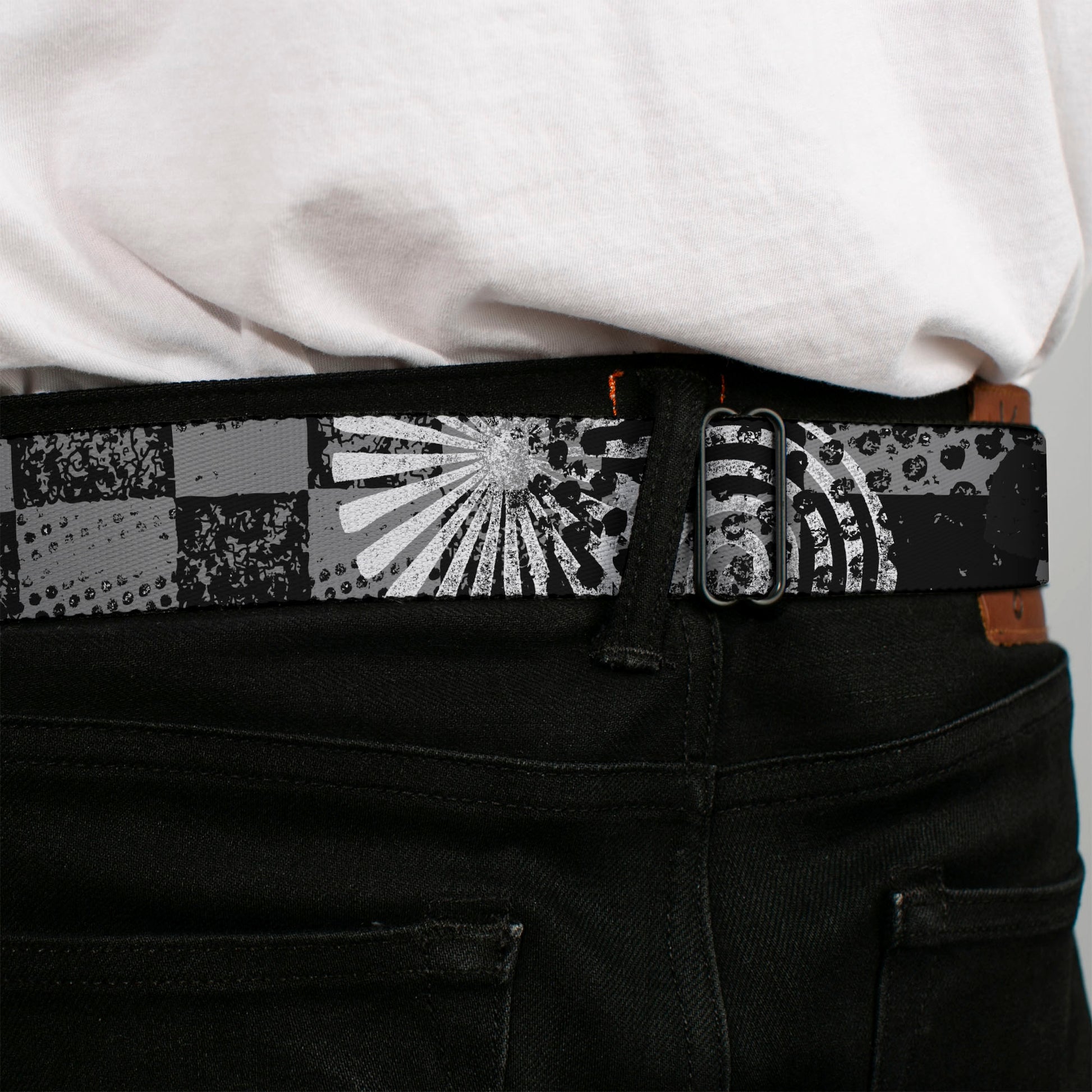 BD Wings Logo CLOSE-UP Full Color Black Silver Seatbelt Belt - Grunge Chaos Black/White Webbing Seatbelt Belts Buckle-Down
