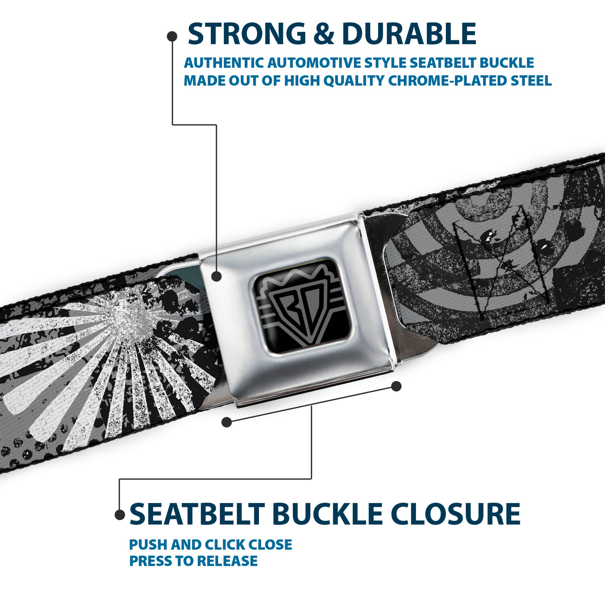 BD Wings Logo CLOSE-UP Full Color Black Silver Seatbelt Belt - Grunge Chaos Black/White Webbing Seatbelt Belts Buckle-Down