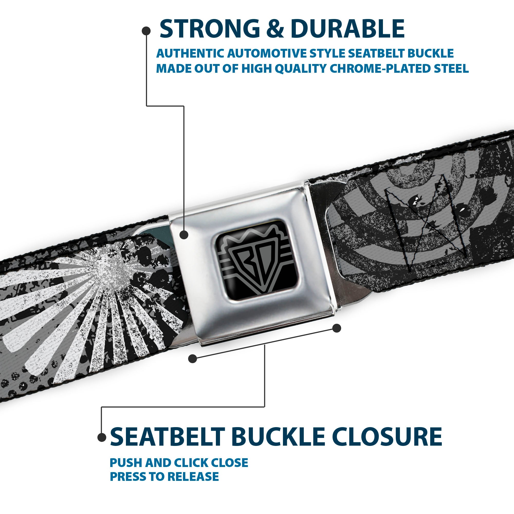 BD Wings Logo CLOSE-UP Full Color Black Silver Seatbelt Belt - Grunge Chaos Black/White Webbing Seatbelt Belts Buckle-Down