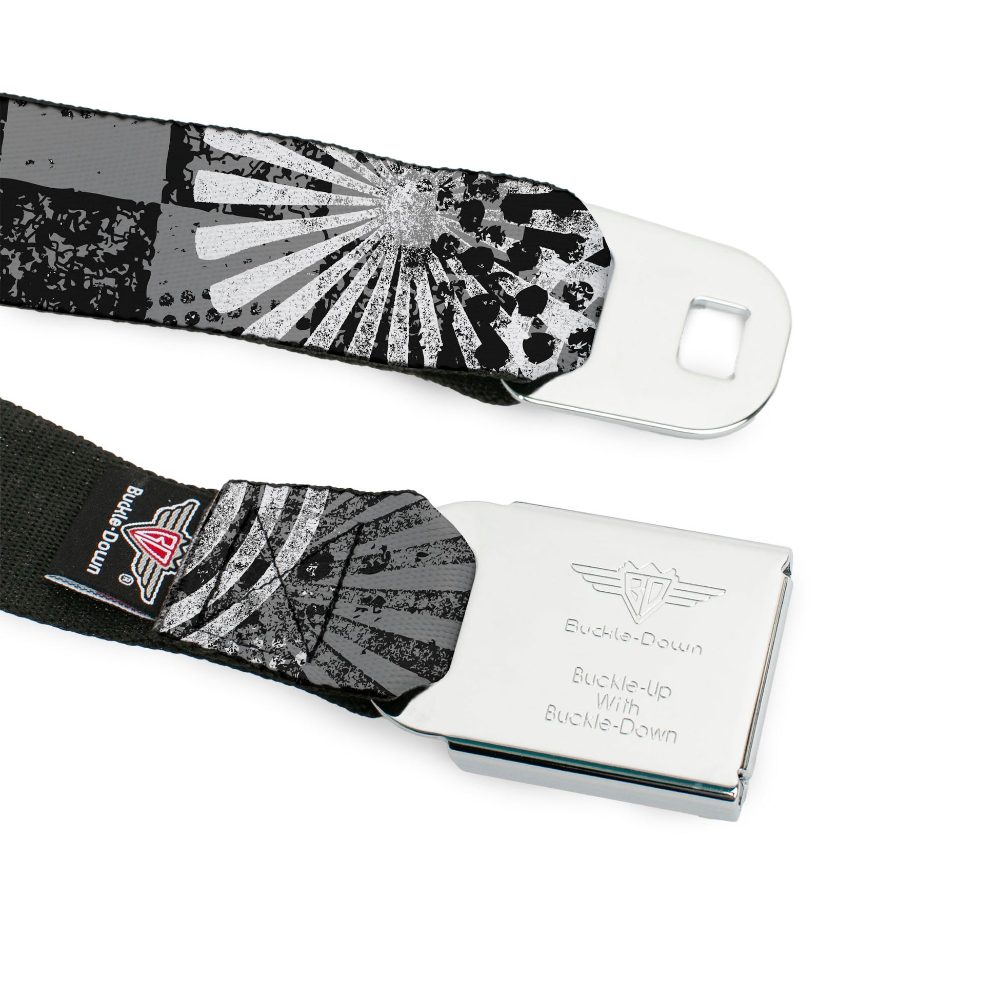 BD Wings Logo CLOSE-UP Full Color Black Silver Seatbelt Belt - Grunge Chaos Black/White Webbing Seatbelt Belts Buckle-Down