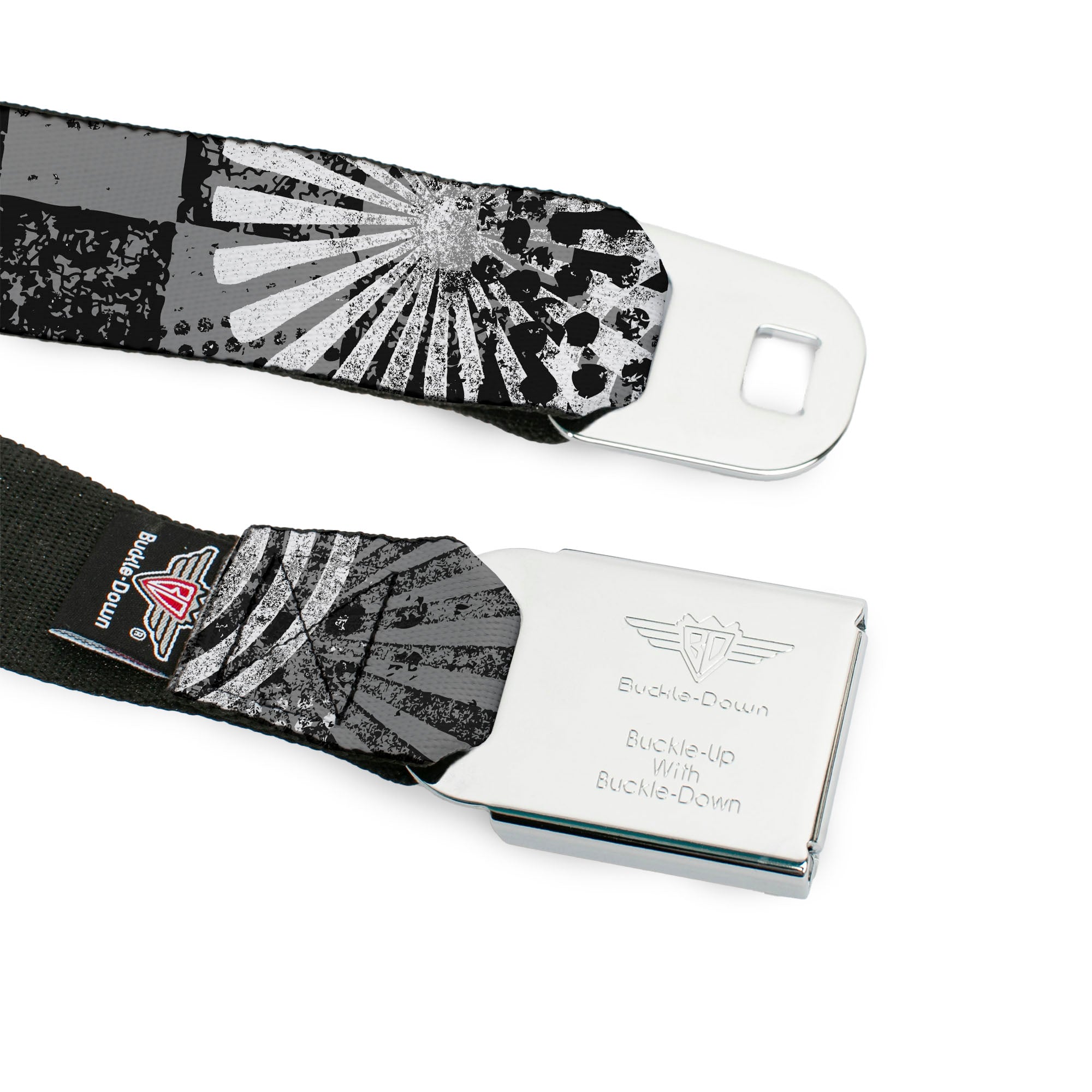 BD Wings Logo CLOSE-UP Full Color Black Silver Seatbelt Belt - Grunge Chaos Black/White Webbing Seatbelt Belts Buckle-Down