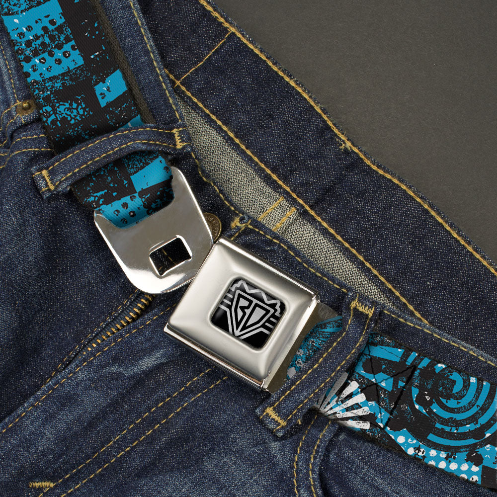 BD Wings Logo CLOSE-UP Full Color Black Silver Seatbelt Belt - Grunge Chaos Blue Webbing Seatbelt Belts Buckle-Down