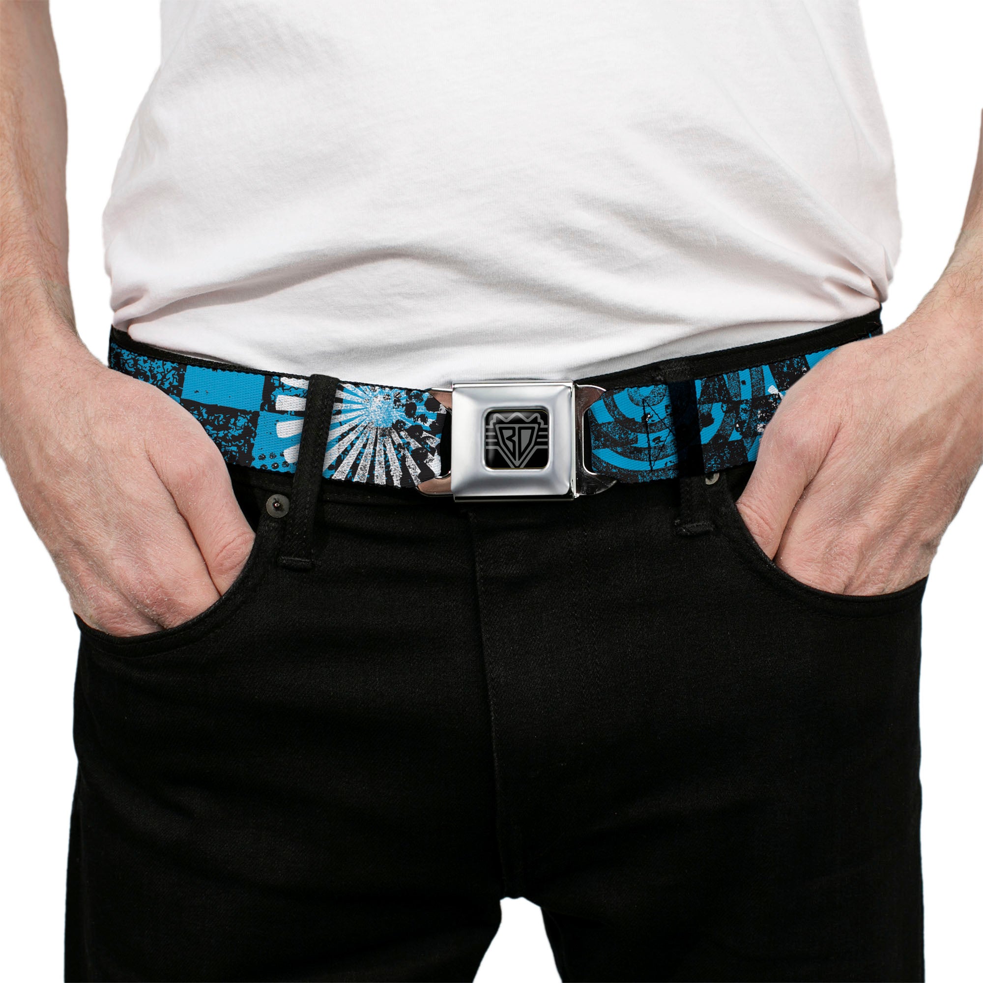 BD Wings Logo CLOSE-UP Full Color Black Silver Seatbelt Belt - Grunge Chaos Blue Webbing Seatbelt Belts Buckle-Down
