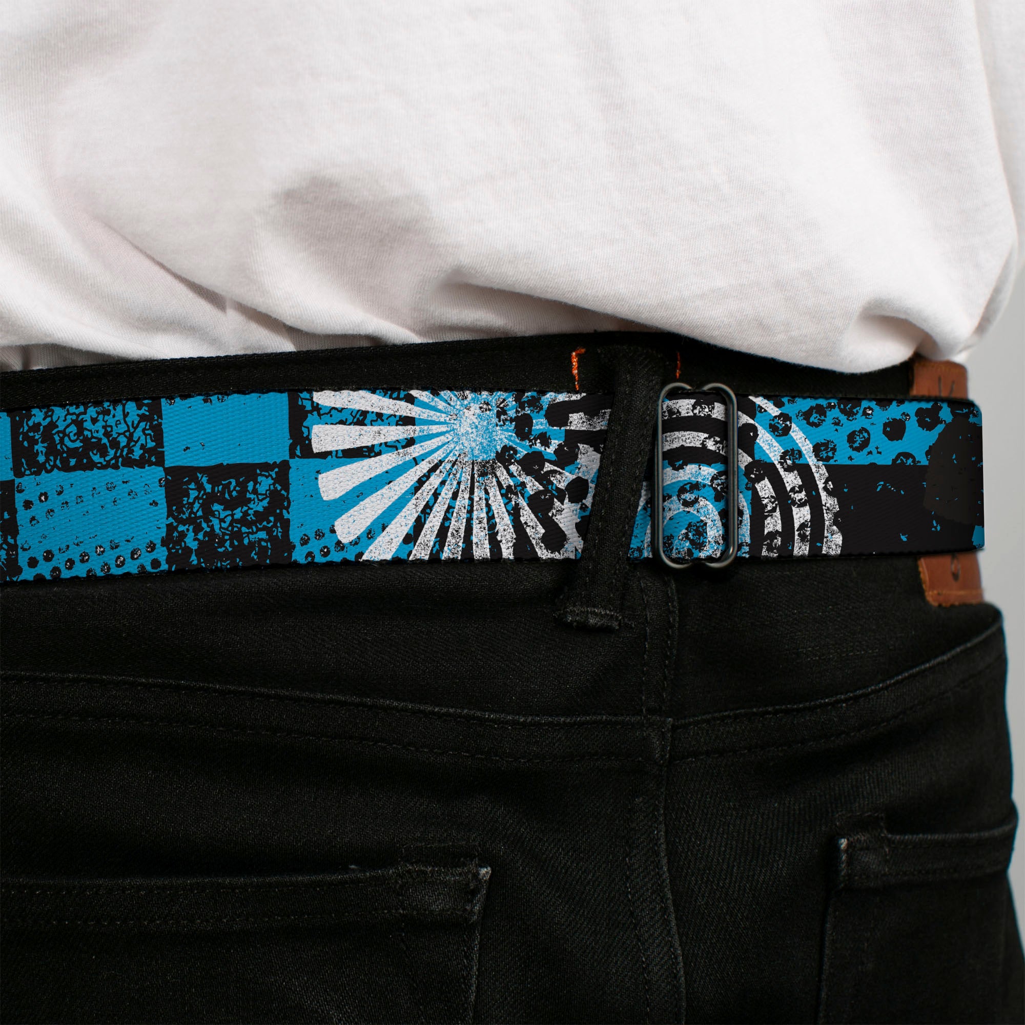 BD Wings Logo CLOSE-UP Full Color Black Silver Seatbelt Belt - Grunge Chaos Blue Webbing Seatbelt Belts Buckle-Down