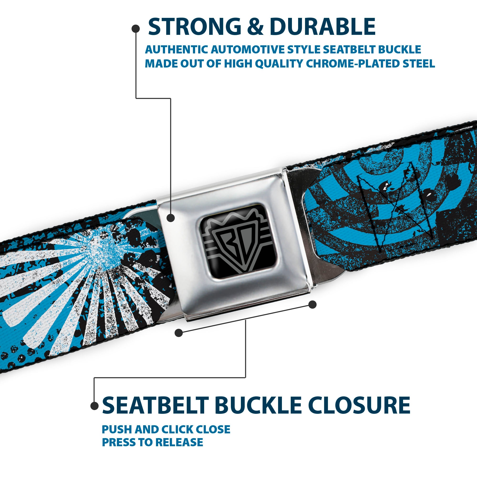 BD Wings Logo CLOSE-UP Full Color Black Silver Seatbelt Belt - Grunge Chaos Blue Webbing Seatbelt Belts Buckle-Down