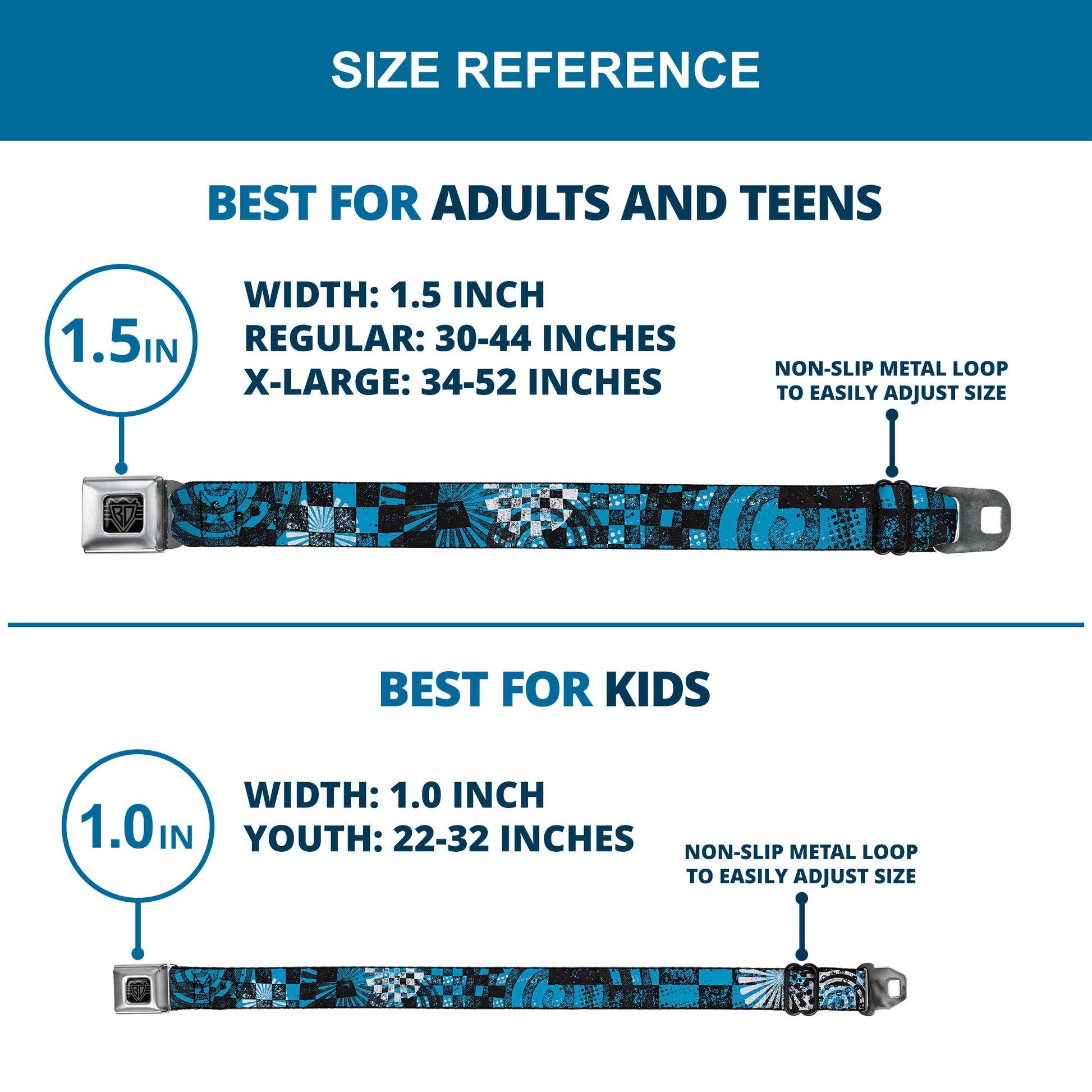 BD Wings Logo CLOSE-UP Full Color Black Silver Seatbelt Belt - Grunge Chaos Blue Webbing Seatbelt Belts Buckle-Down