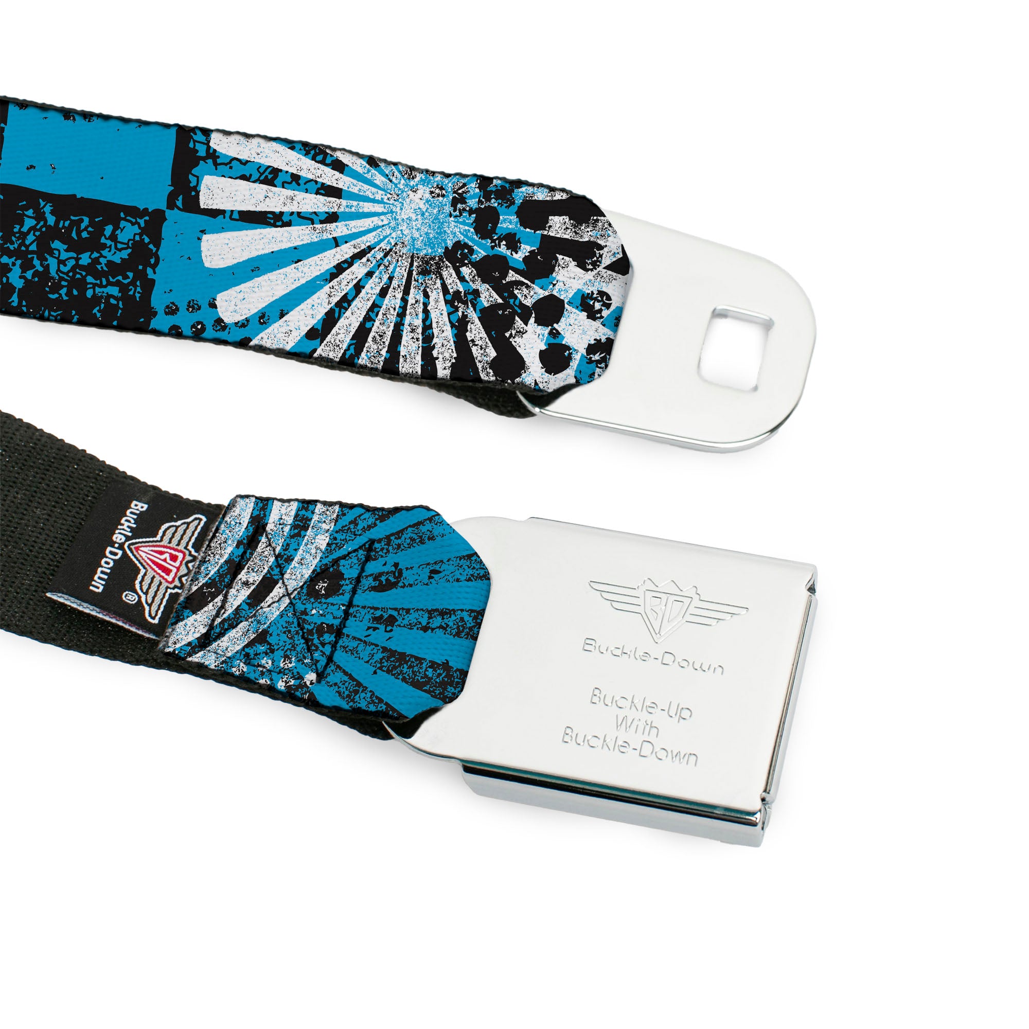BD Wings Logo CLOSE-UP Full Color Black Silver Seatbelt Belt - Grunge Chaos Blue Webbing Seatbelt Belts Buckle-Down