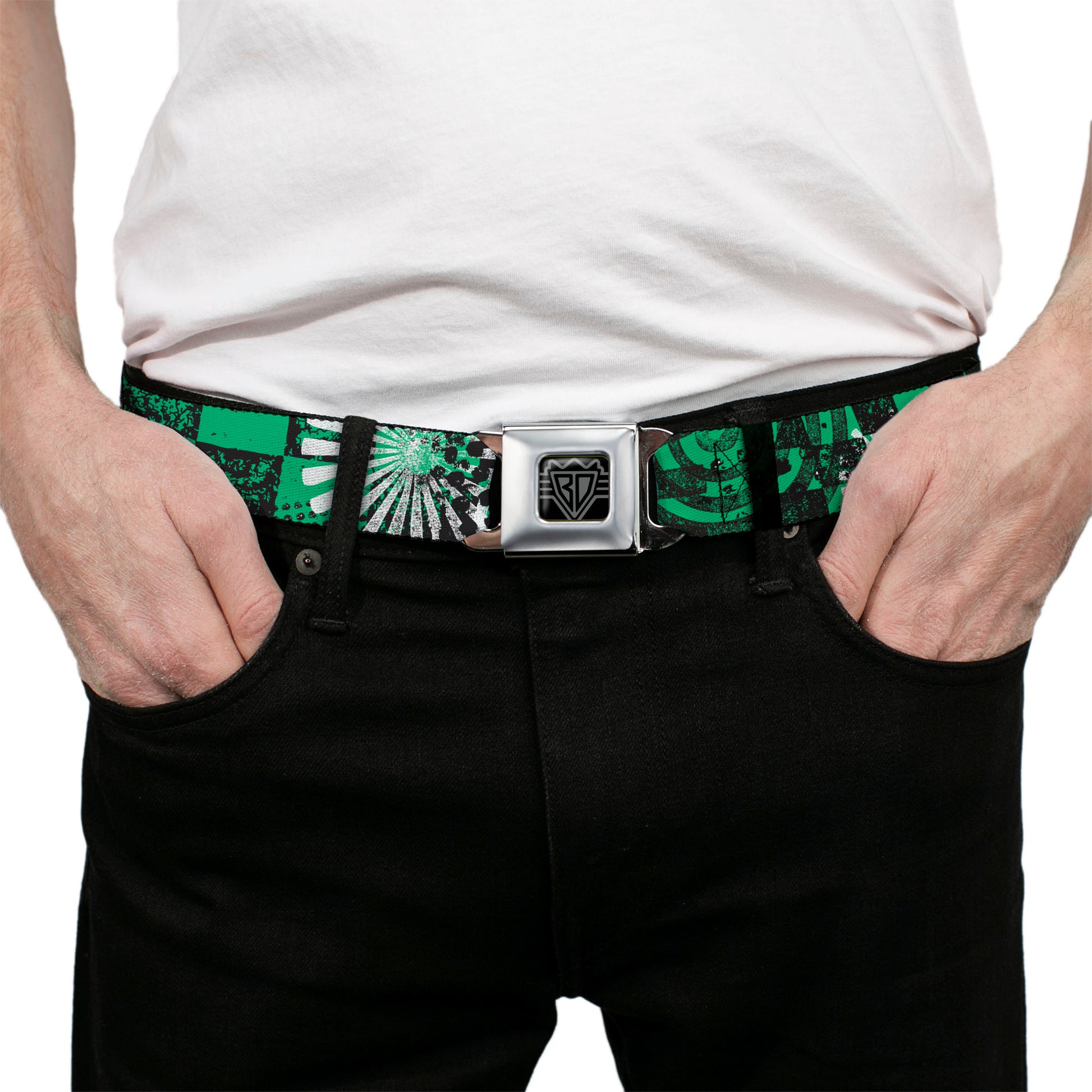 BD Wings Logo CLOSE-UP Full Color Black Silver Seatbelt Belt - Grunge Chaos Green Webbing Seatbelt Belts Buckle-Down