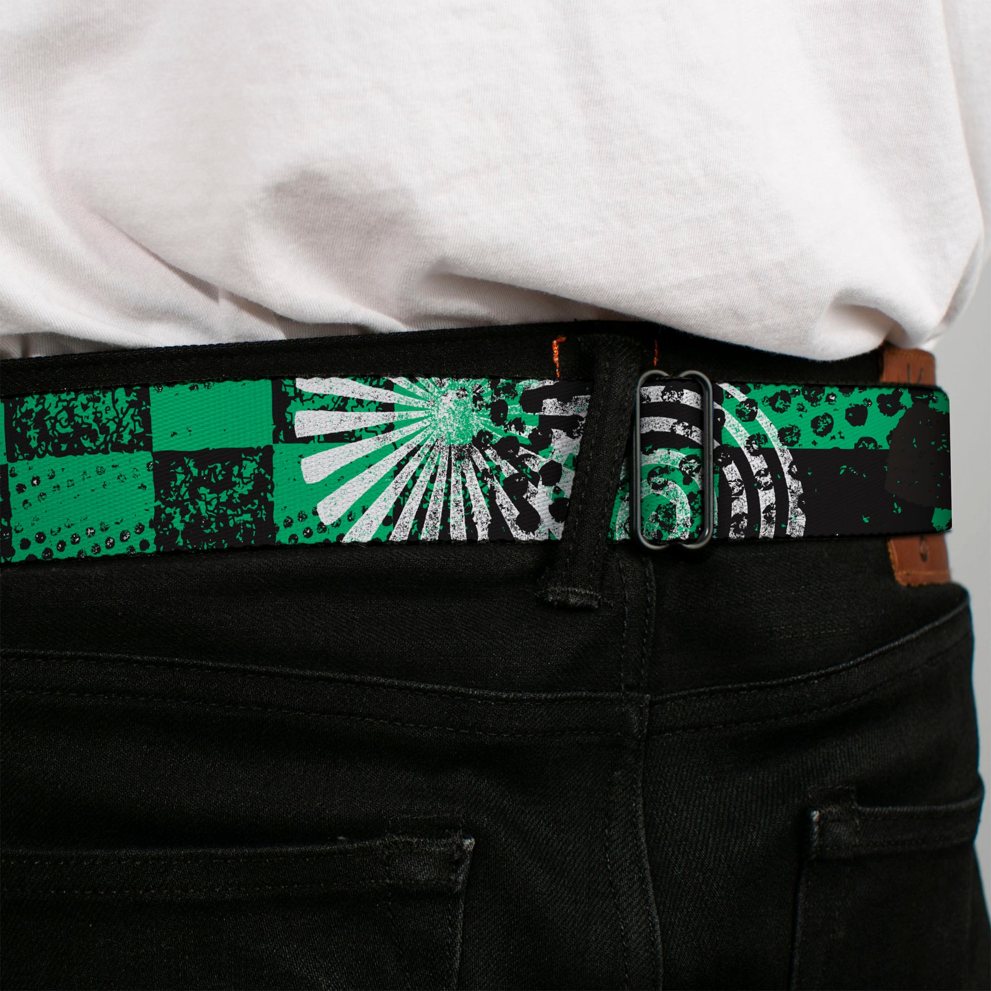 BD Wings Logo CLOSE-UP Full Color Black Silver Seatbelt Belt - Grunge Chaos Green Webbing Seatbelt Belts Buckle-Down