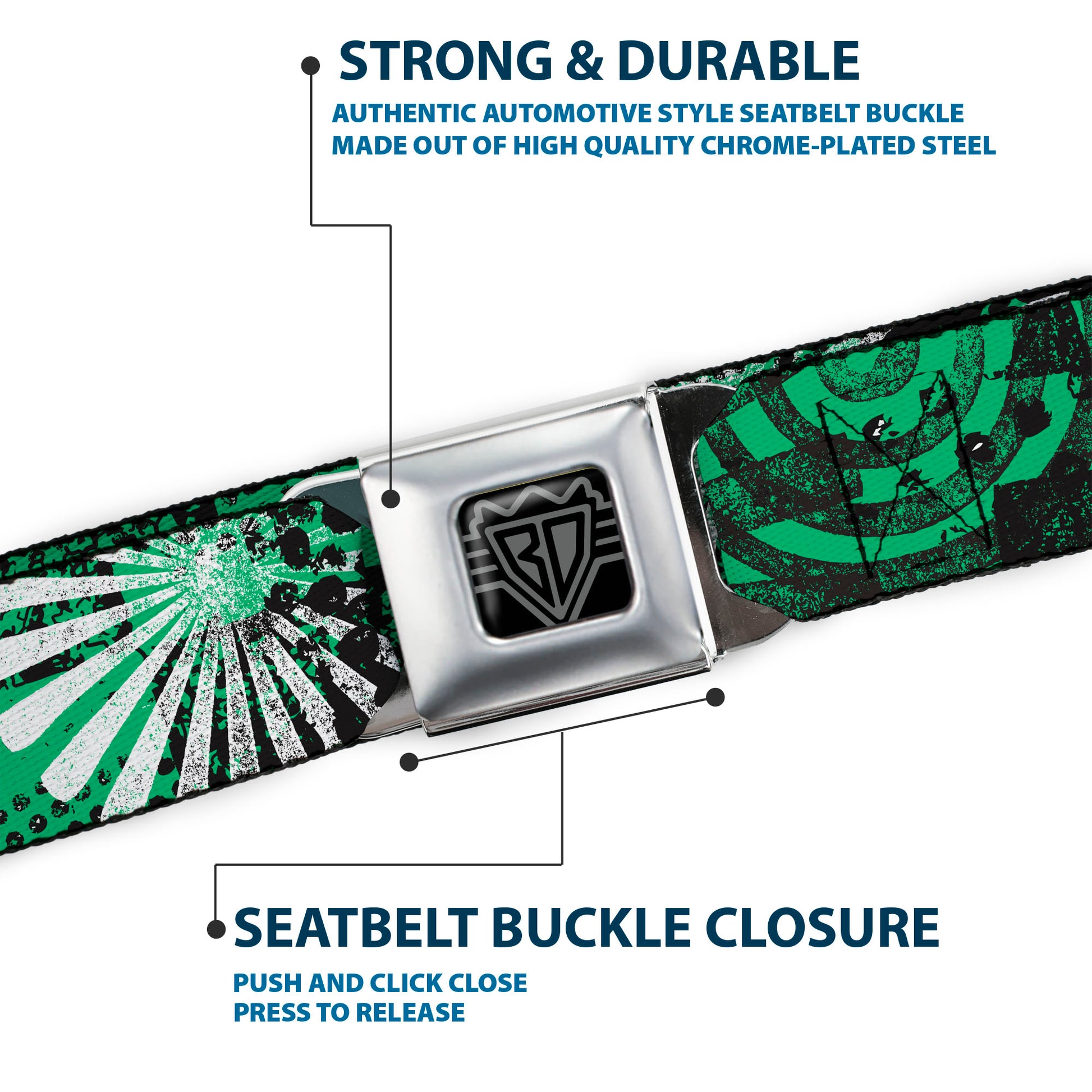 BD Wings Logo CLOSE-UP Full Color Black Silver Seatbelt Belt - Grunge Chaos Green Webbing Seatbelt Belts Buckle-Down